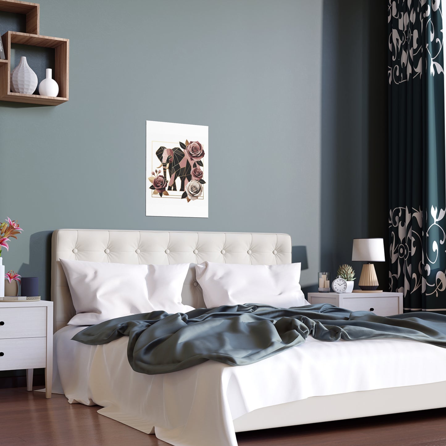 Elegant Floral Silk Poster - Indoor/Outdoor Wall Art for Home Decor - Brown & Mauve Elephant & Roses
