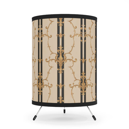 Elegant Tripod Lamp with Vintage Floral Design, Home Decor Light Fixture, Decorative Lighting - Black & Beige Striped Damask