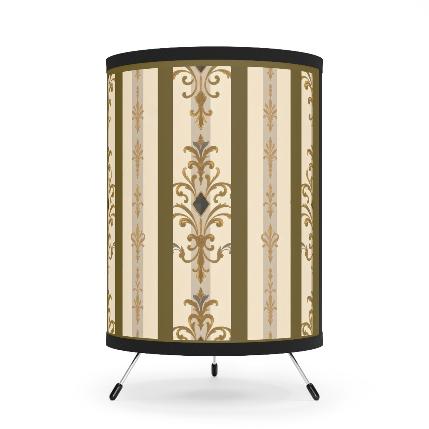 Elegant Tripod Lamp with Vintage Floral Print Shade - High-Res Home Accent - Olive Striped Gold Damask