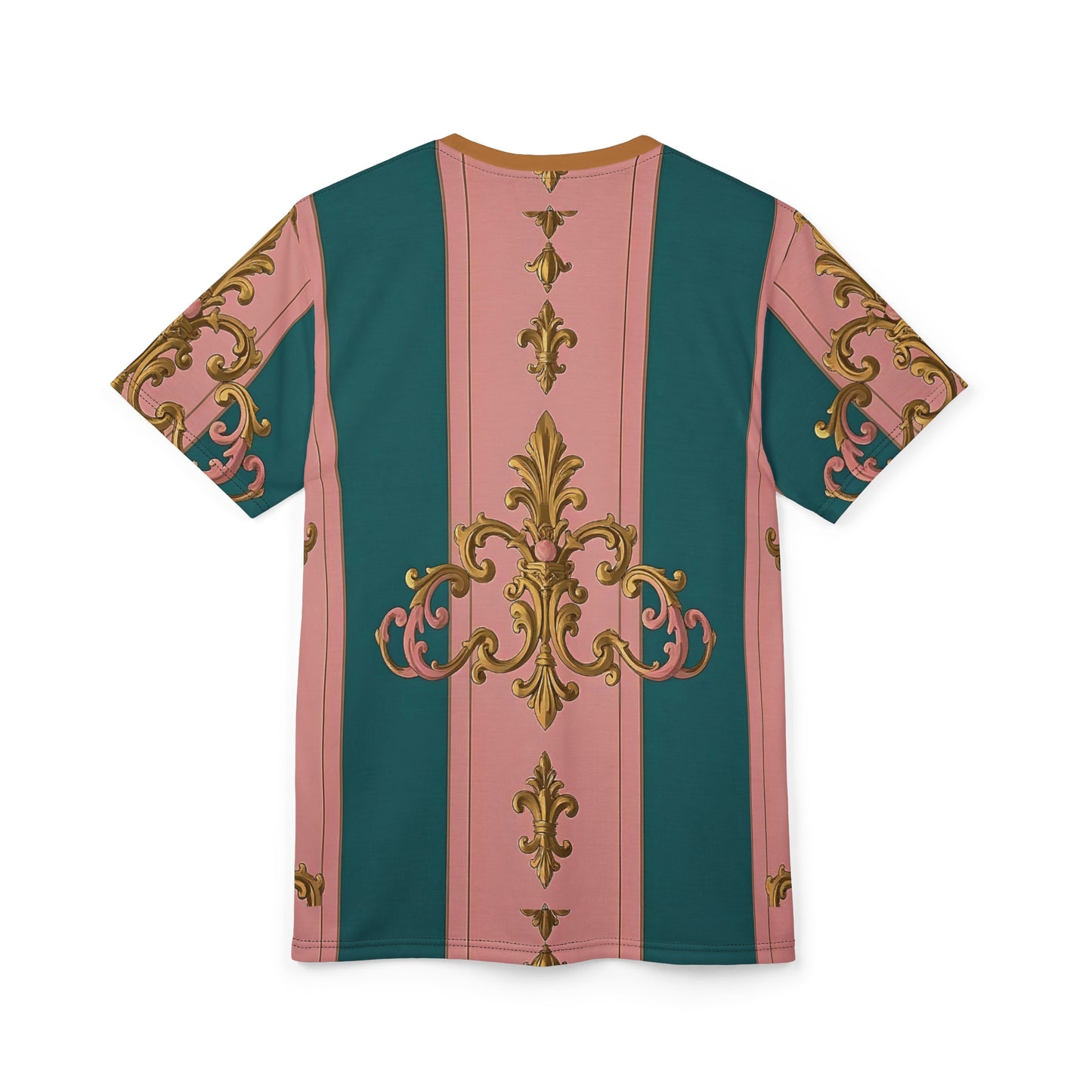 Chic Vintage AOP Tee, Stylish Unisex Cut & Sew T-Shirt, Fashionable Statement Tee - Pink & Teal Striped Gold Baroque
