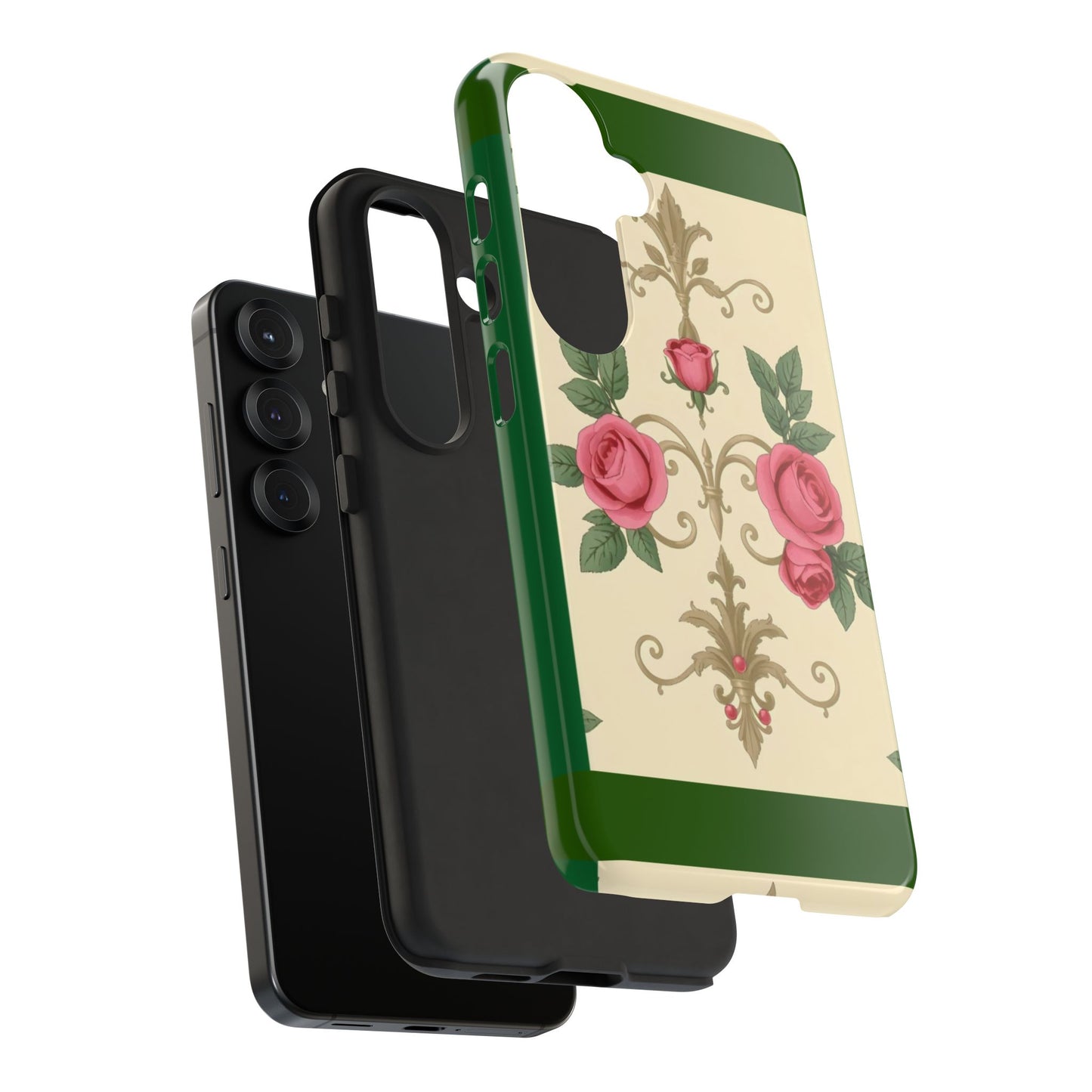 Elegant Floral Motif Phone Case - Tough Cases with Vintage Design - Green Border Roses & Damask