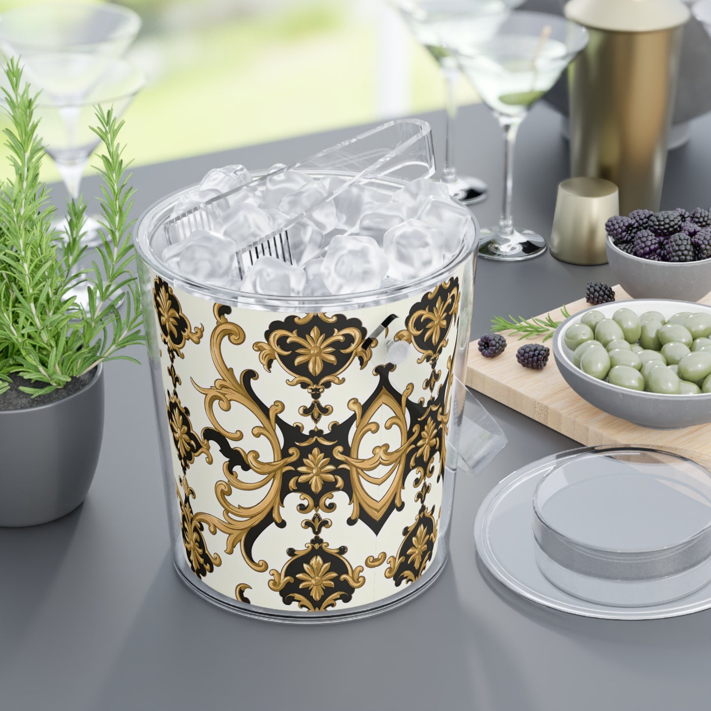 Elegant Decorative Ice Bucket with Tongs, Luxury Barware, Party Essential, Gift for Hostess, Home Decor, Wedding Centerpiece - Black & Gold Rococo