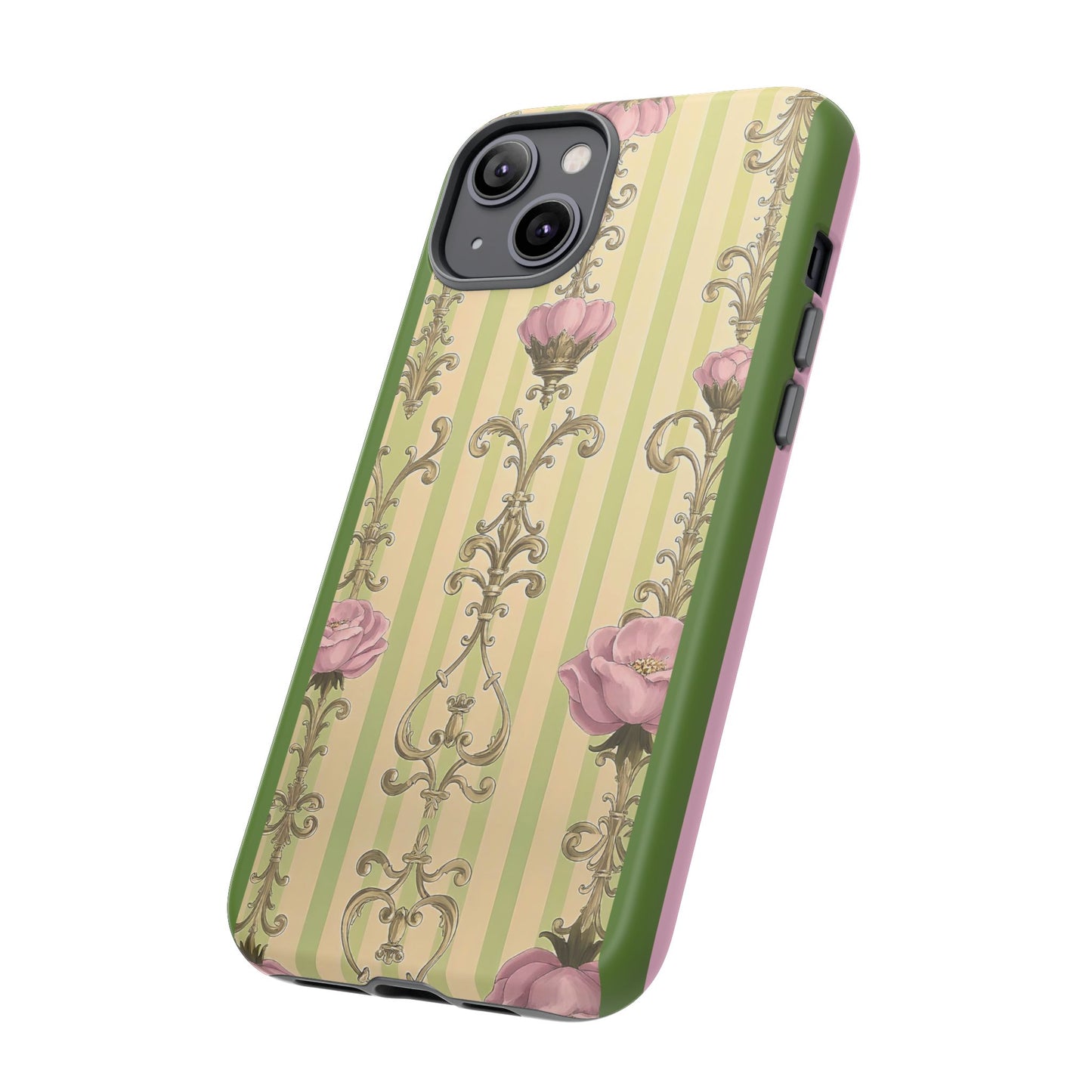 Elegant Floral Motif Phone Case - Tough Cases with Vintage Design - Lime Green & Pink Striped Damask