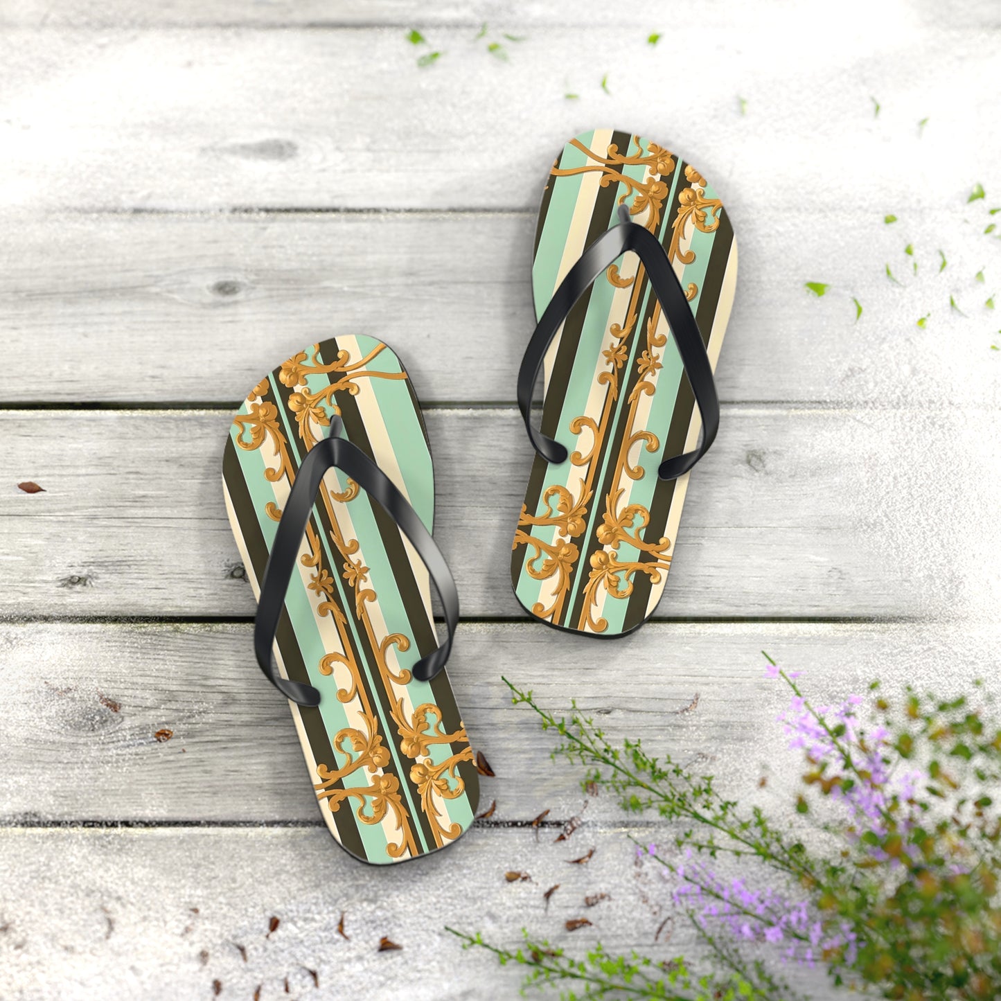 Elegant Patterned Flip Flops, Summer Sandals, Vacation Footwear, Beach Day Slippers, Festival Essentials - Black & Matte Mint Striped Rococo
