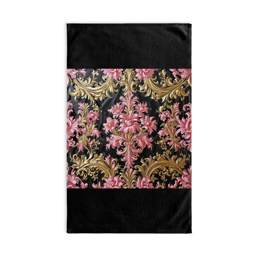 Elegant Pink Floral Hand Towel, Decorative Kitchen Towel, Vintage Style Towel, Bathroom Decor - Black & Pink Oil Painting Style Rococo