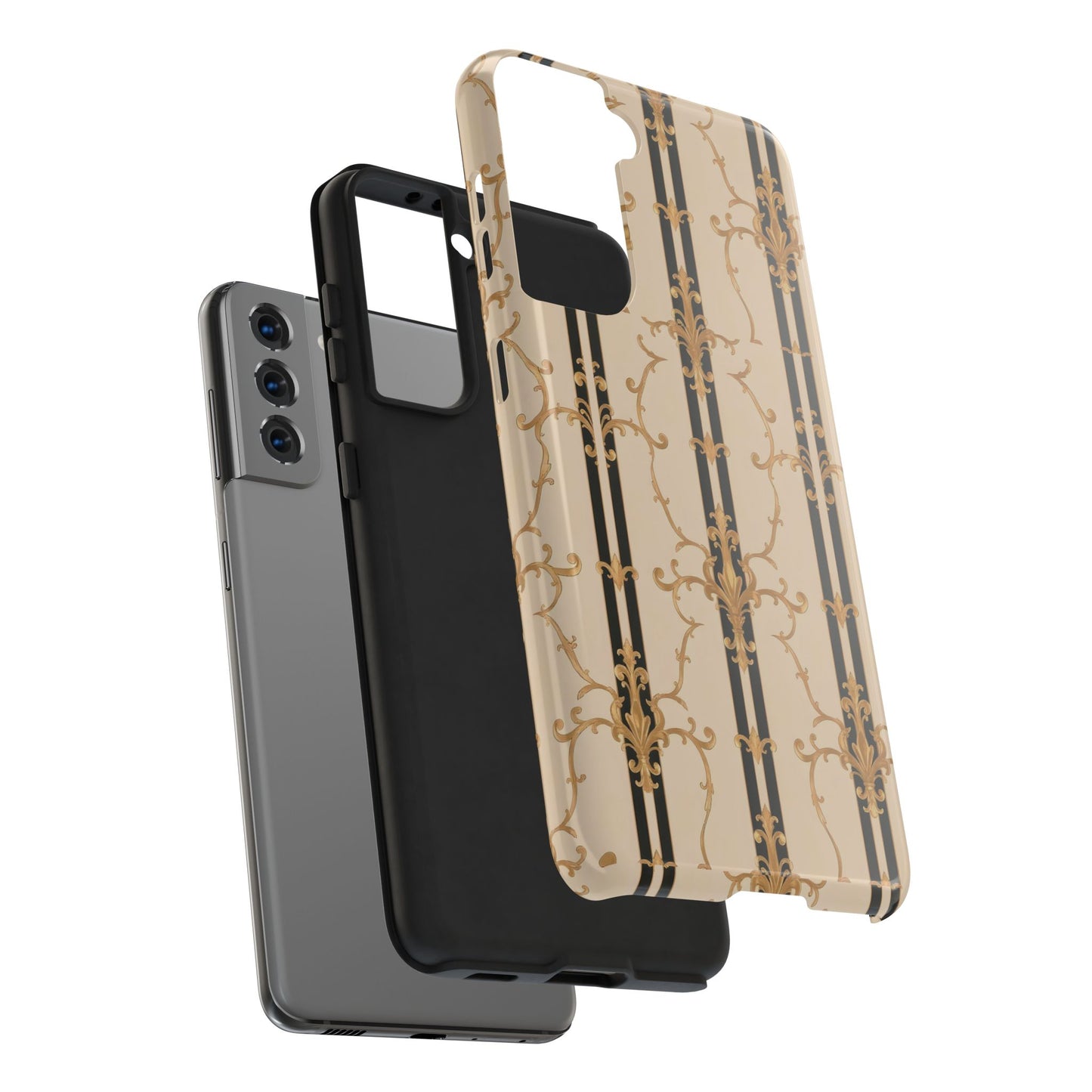 Elegantly Tough Phone Cases | Stylish Phone Covers, Durable Cases, Fashionable Accessories - Black & Beige Striped Damask