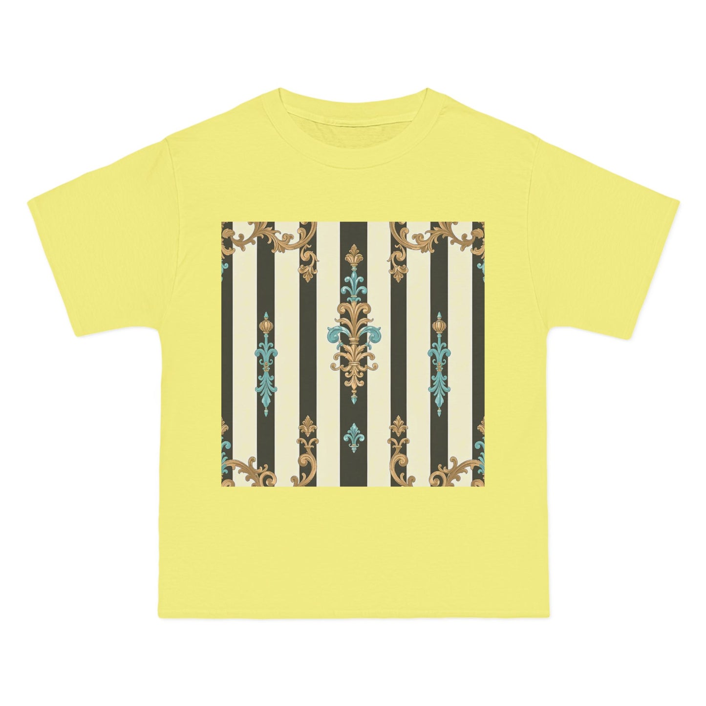 Elegant Floral Pattern Tee, Vintage Style T-Shirt, Gift for Her, Casual Outfit - Black Striped Turquoise & Black Rococo