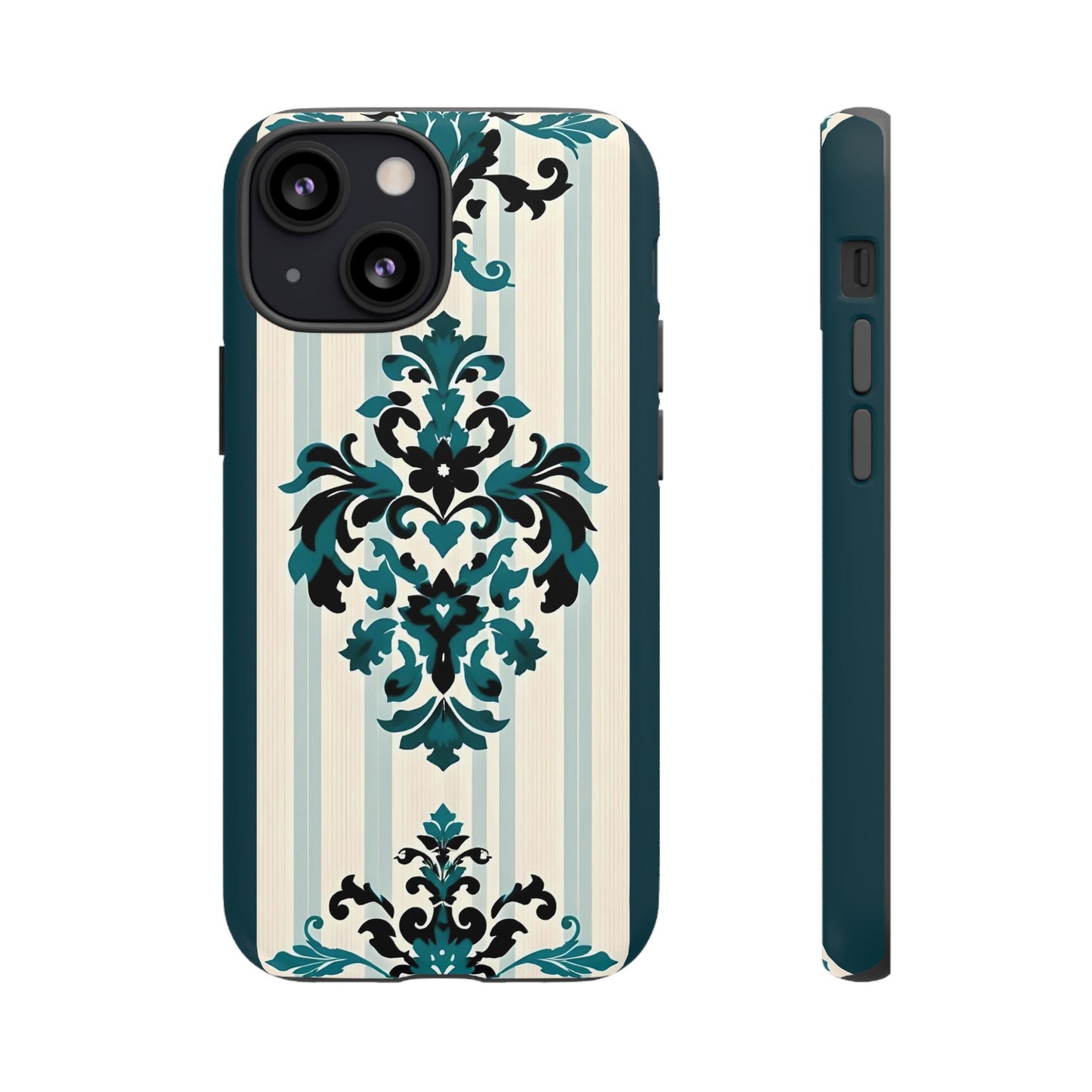Elegant Floral Phone Case - Tough Cases with Vintage Design - Teal Striped Damask