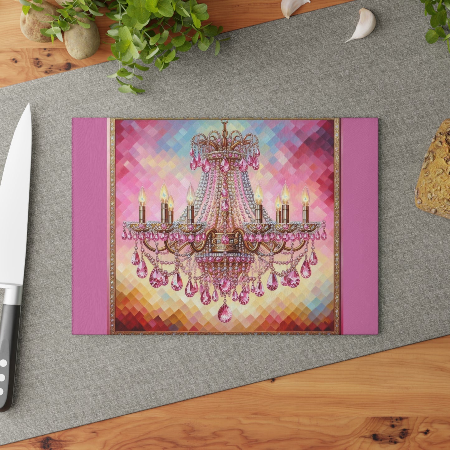 Chic Glass Cutting Board with Elegant Chandelier Design - Kitchen Decor for Entertaining, Housewarming Gift, Wedding - Pink Jeweled Chandelier