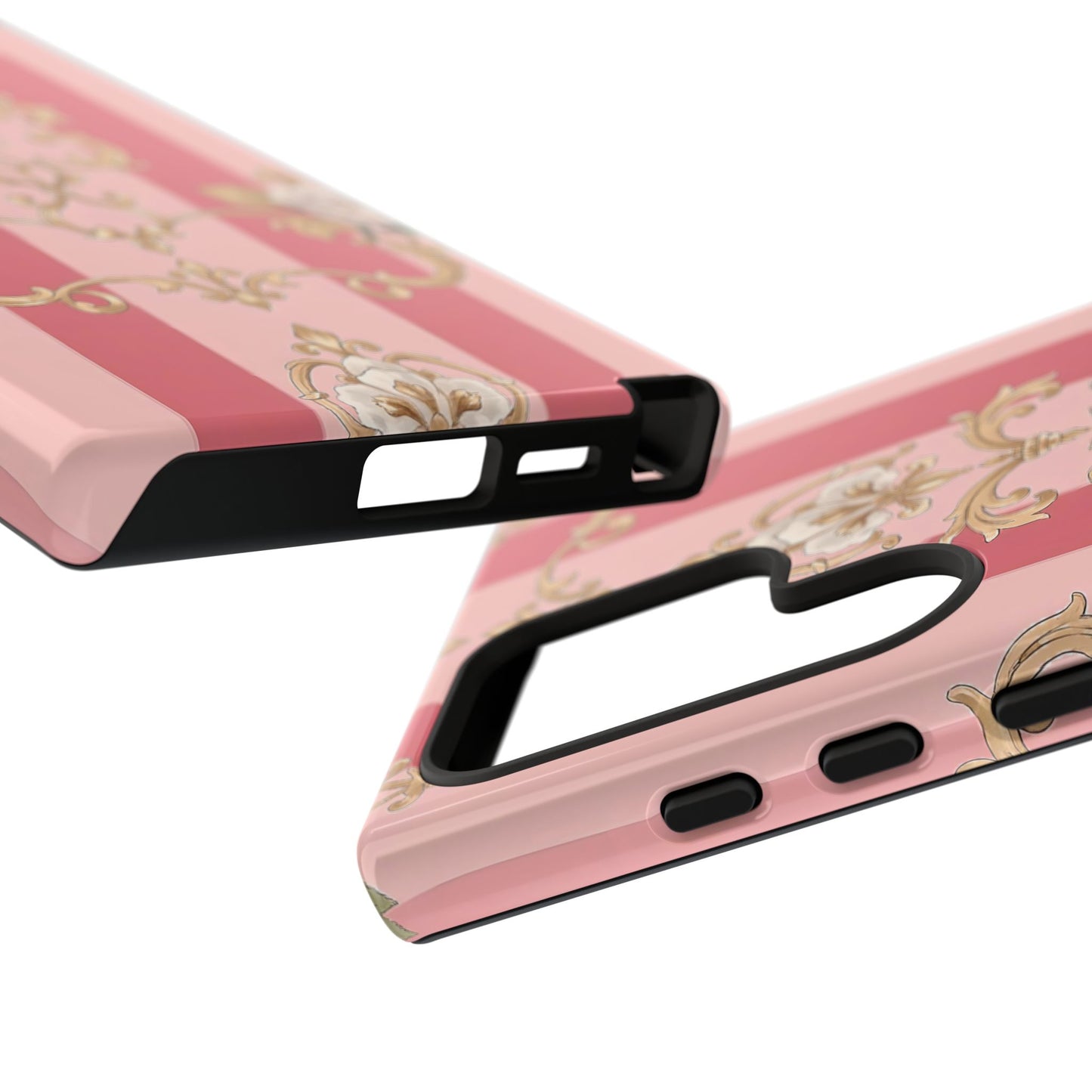 Elegant Floral Motif Phone Case - Tough Cases with Vintage Design - Pink Striped Roses & Damask