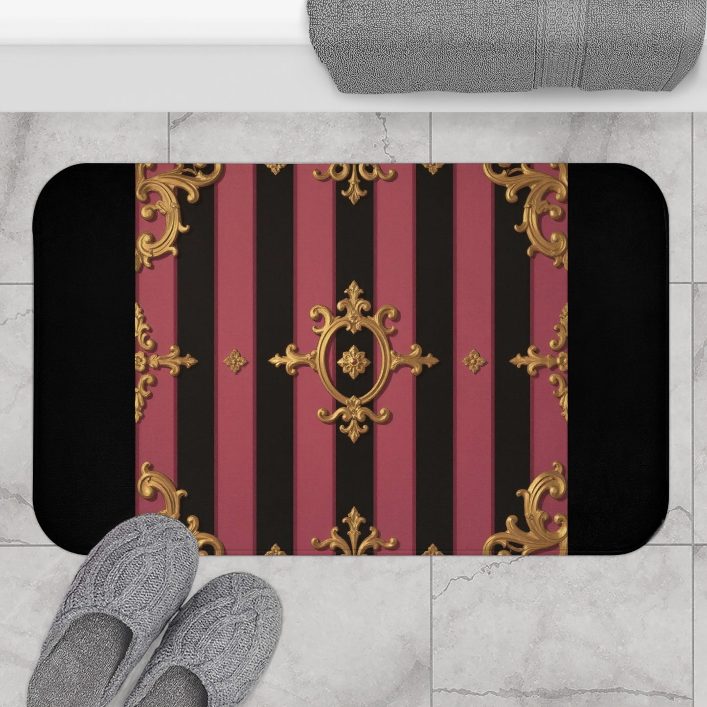Elegant Black & Mauve Striped Gold Baroque Bath Mat, Luxurious Bathroom Decor, Home Spa Accessory, Fancy Gift for Housewarming