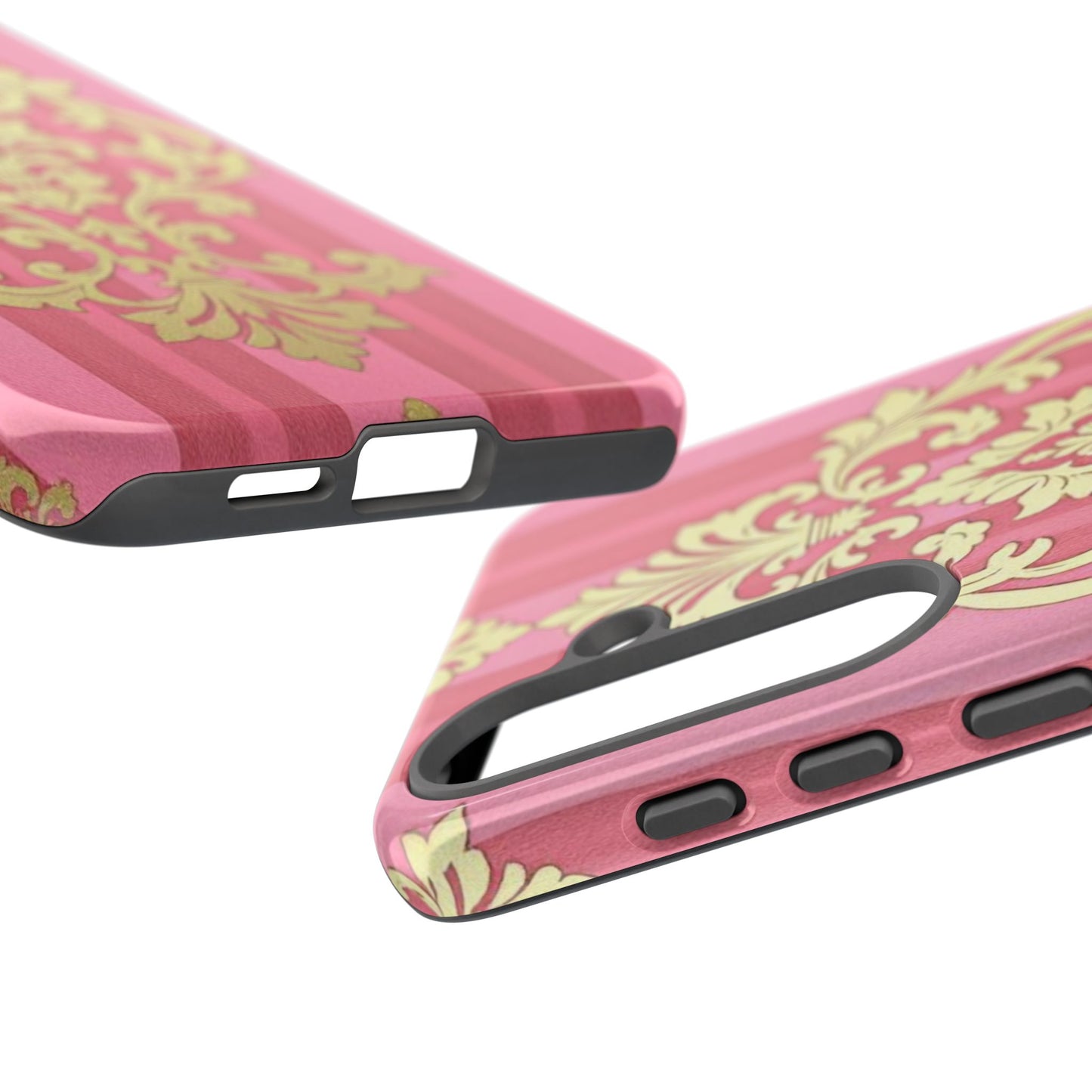 Elegant Floral Motif Phone Case - Tough Cases with Vintage Design - Pink Striped Damask