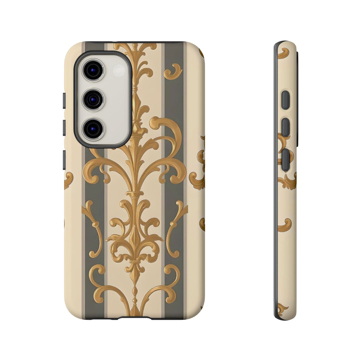 Elegant Floral Motif Phone Case - Tough Cases with Vintage Design - Dusk Olive Striped Gold Damask