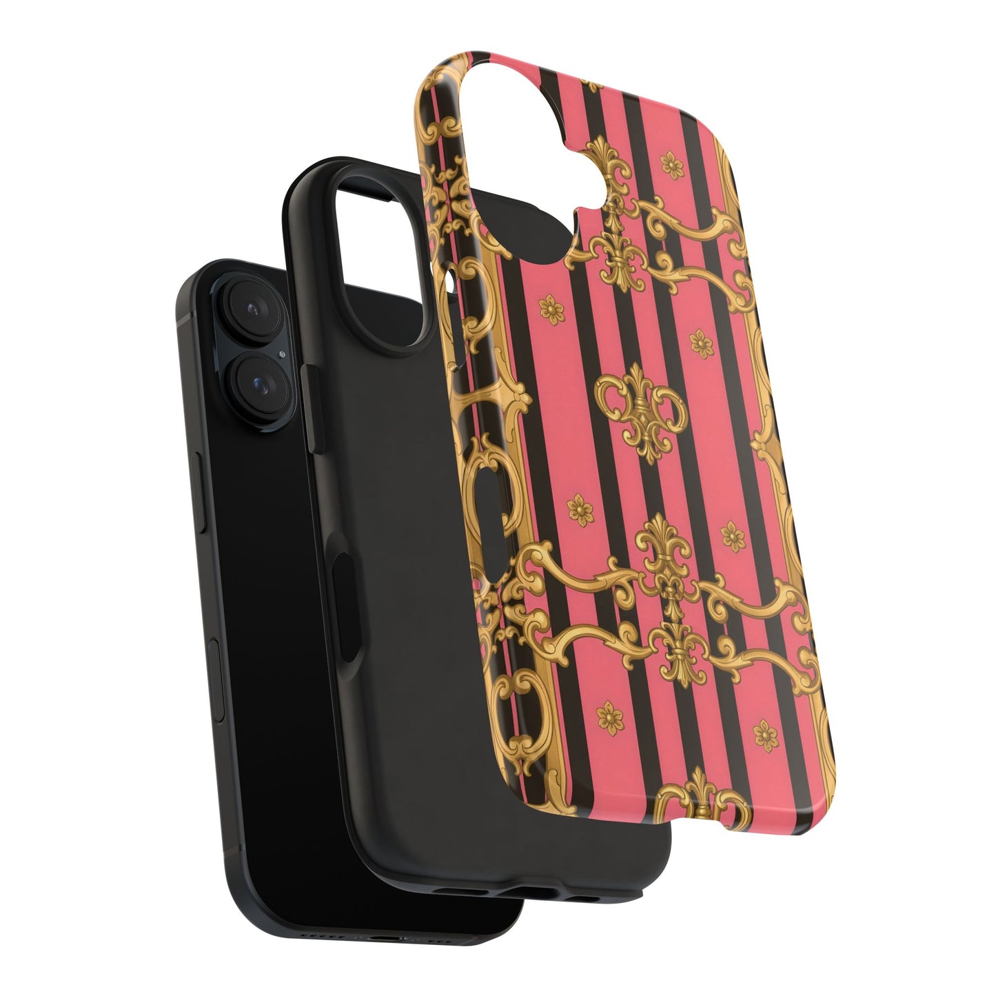 Elegant Baroque Tough Phone Cases, Stylish Protection, Gift for Her, Trendy Accessory - Pink & Black Striped Gold Baroque
