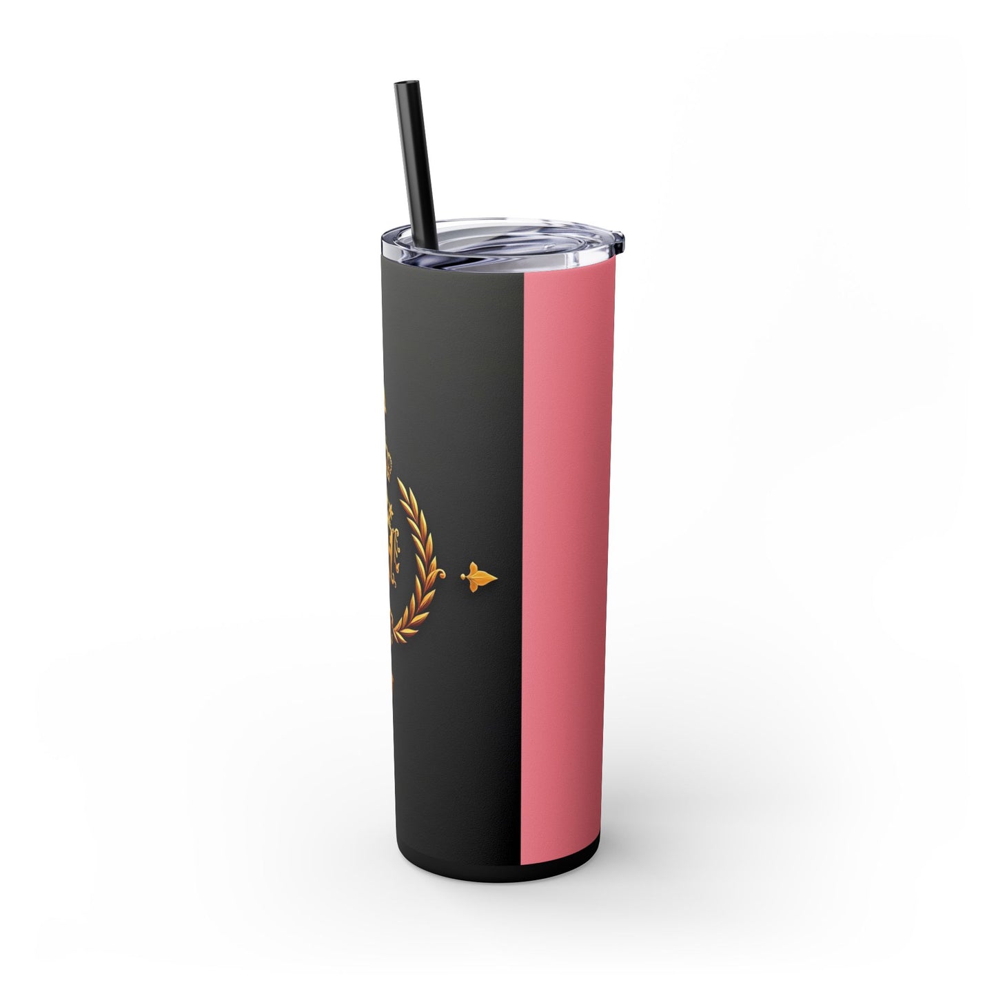 Elegant Royal Themed Skinny Tumbler, Chic Drinkware for Parties, Daily Hydration, Gifts for Her, Travel Mug, Reusable Straw - Pink Striped Gold Crest