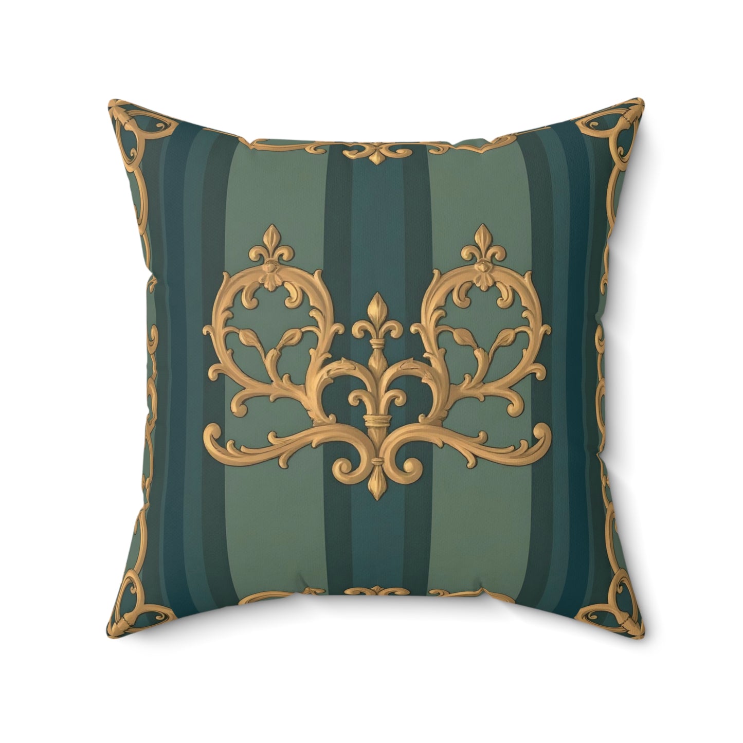 Luxurious Ornate Faux Suede Pillow | Decorative Square Cushion, Elegant Home Decor, Couch Accent - Smoky Blue & Teal Striped Baroque