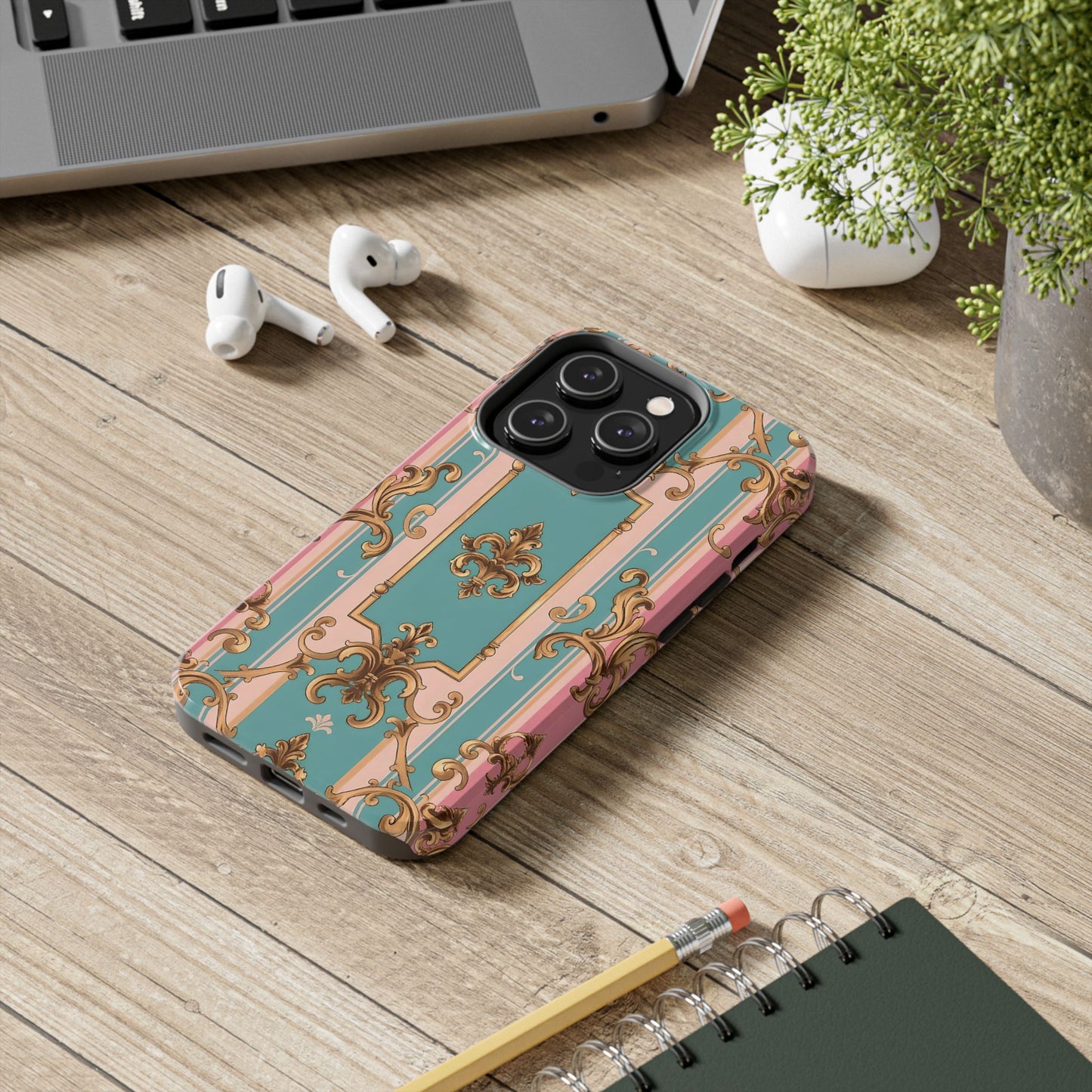 Elegant Floral Tough Phone Case, Artistic Phone Cover, Gift for Her, Chic Phone Accessory - Pink & Matte Turquoise Striped Rococo