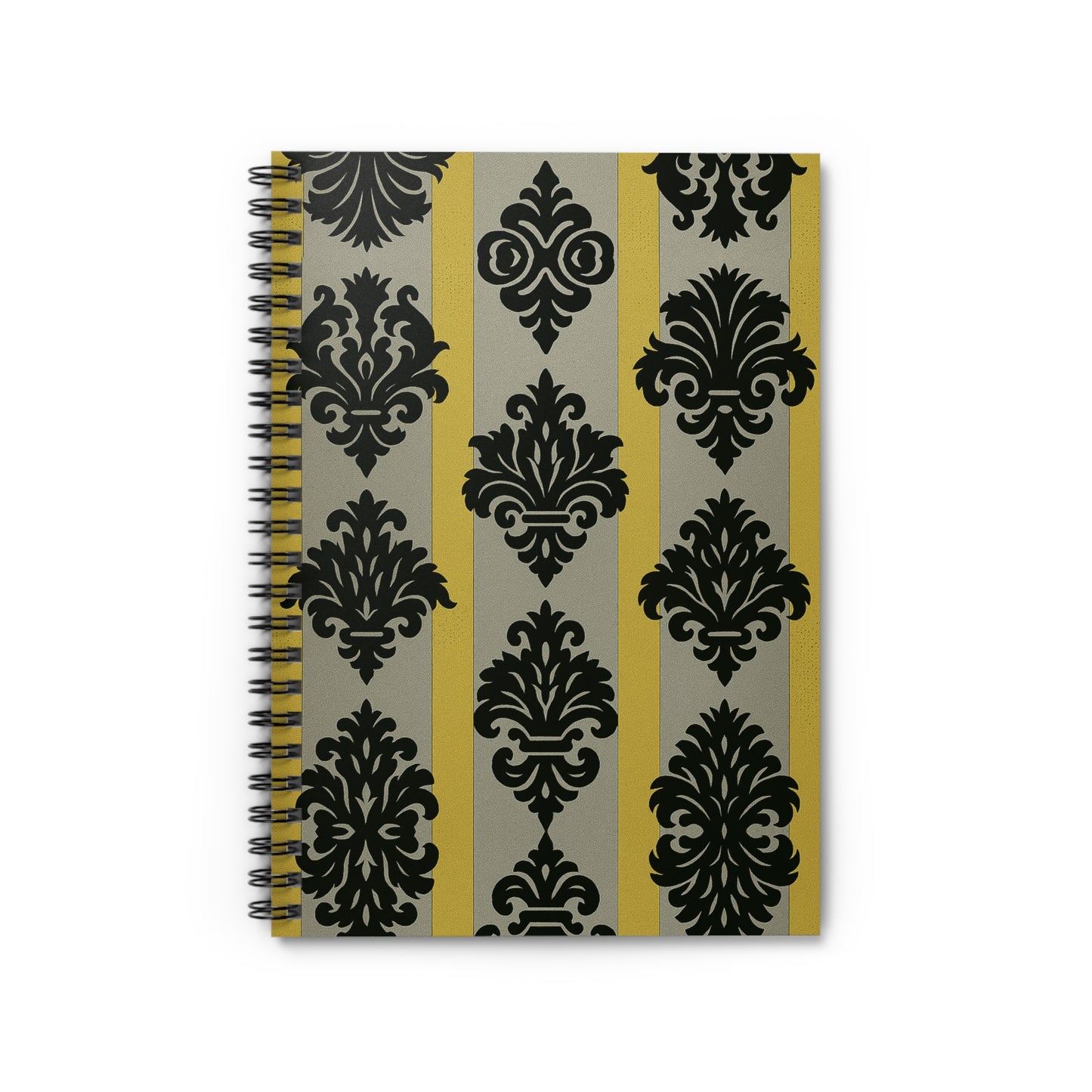 Elegant Baroque Spiral Notebook, Stylish Journal, Gift for Writers, School Supplies, Note Taking - Silver & Gold Striped Black Baroque