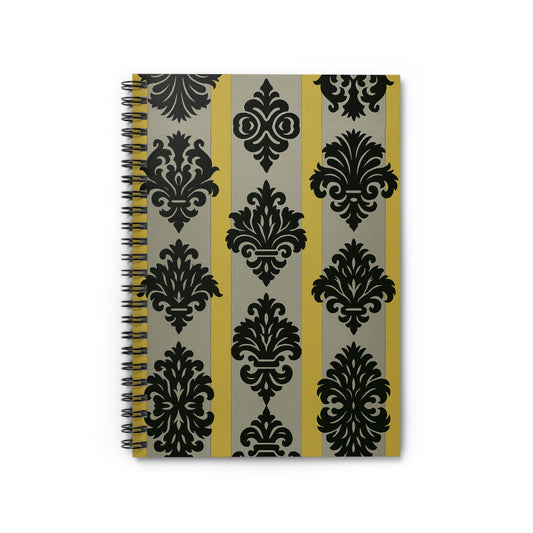 Elegant Baroque Spiral Notebook, Stylish Journal, Gift for Writers, School Supplies, Note Taking - Silver & Gold Striped Black Baroque