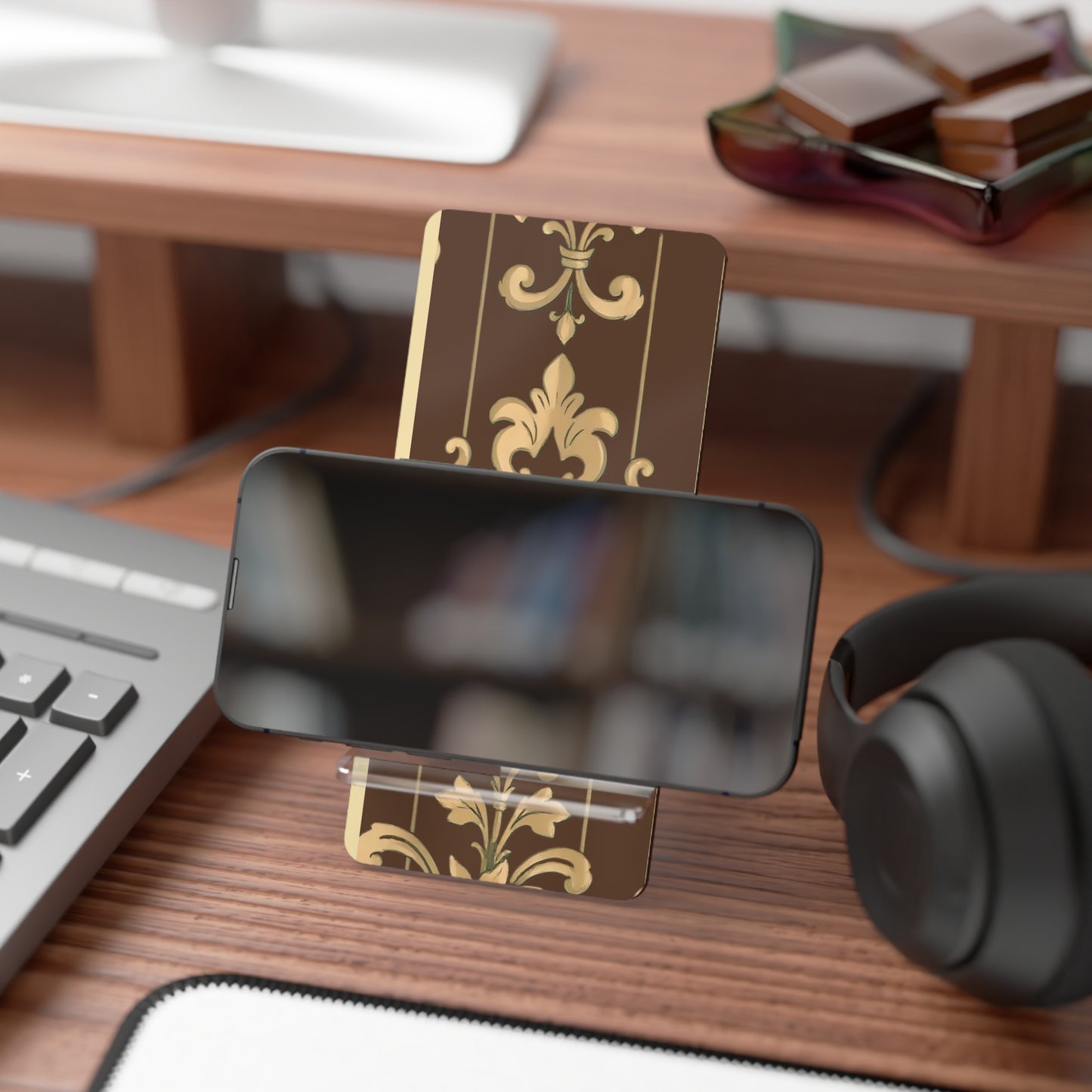 Elegant Floral Smartphone Display Stand - Brown Striped Damask - Decorative Mobile Holder