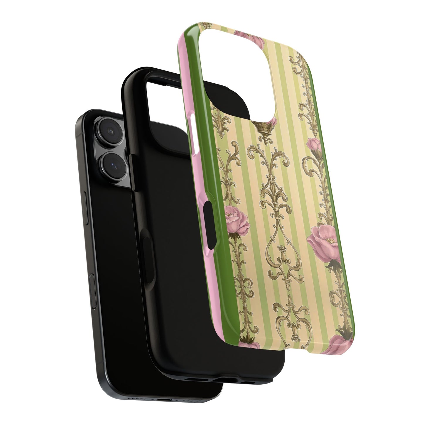 Elegant Floral Motif Phone Case - Tough Cases with Vintage Design - Lime Green & Pink Striped Damask
