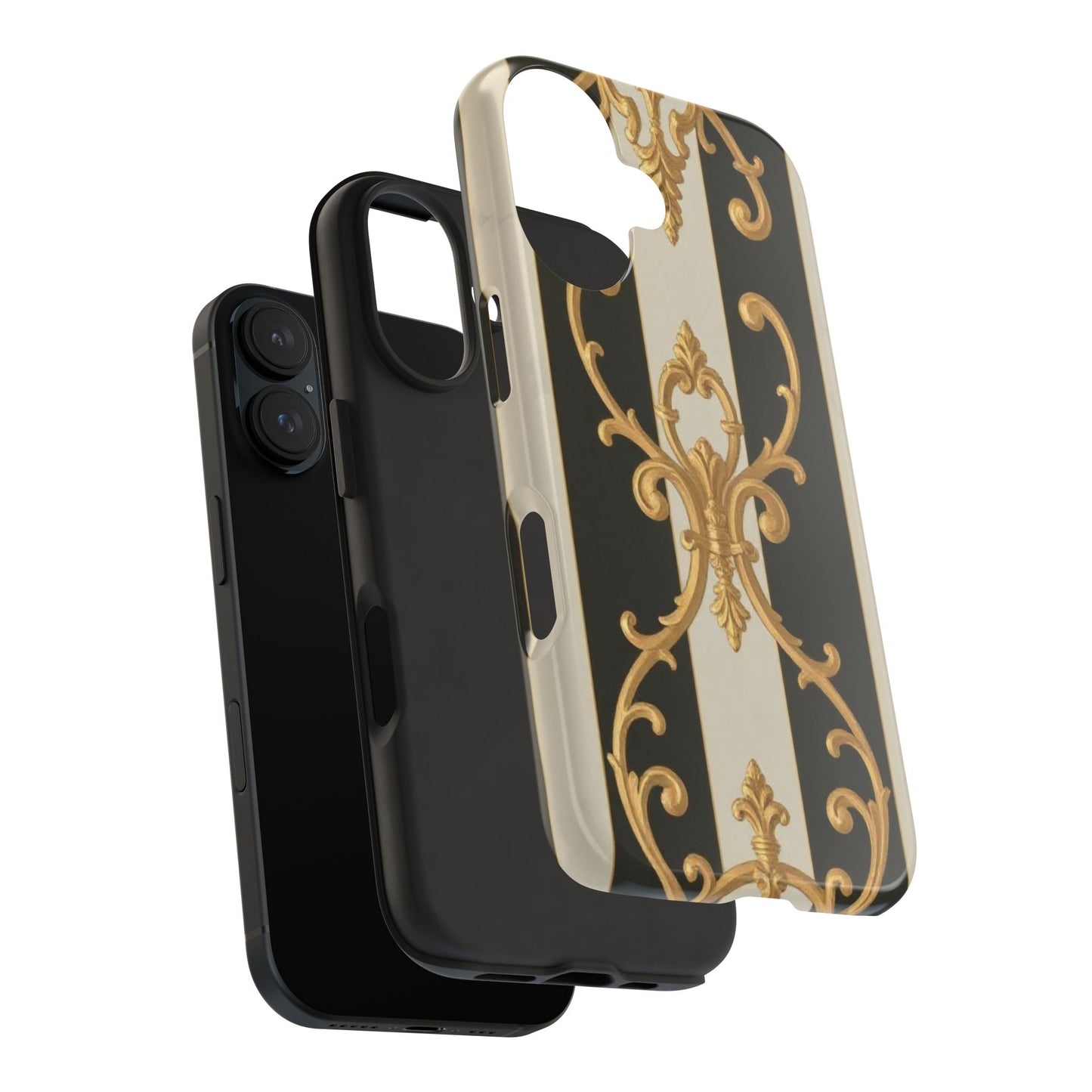 Elegant Black & Alabaster Striped Baroque Tough Phone Cases - Chic Protection, Black Gold Decor, Stylish Accessory, Gift for Her, Trendy Tech