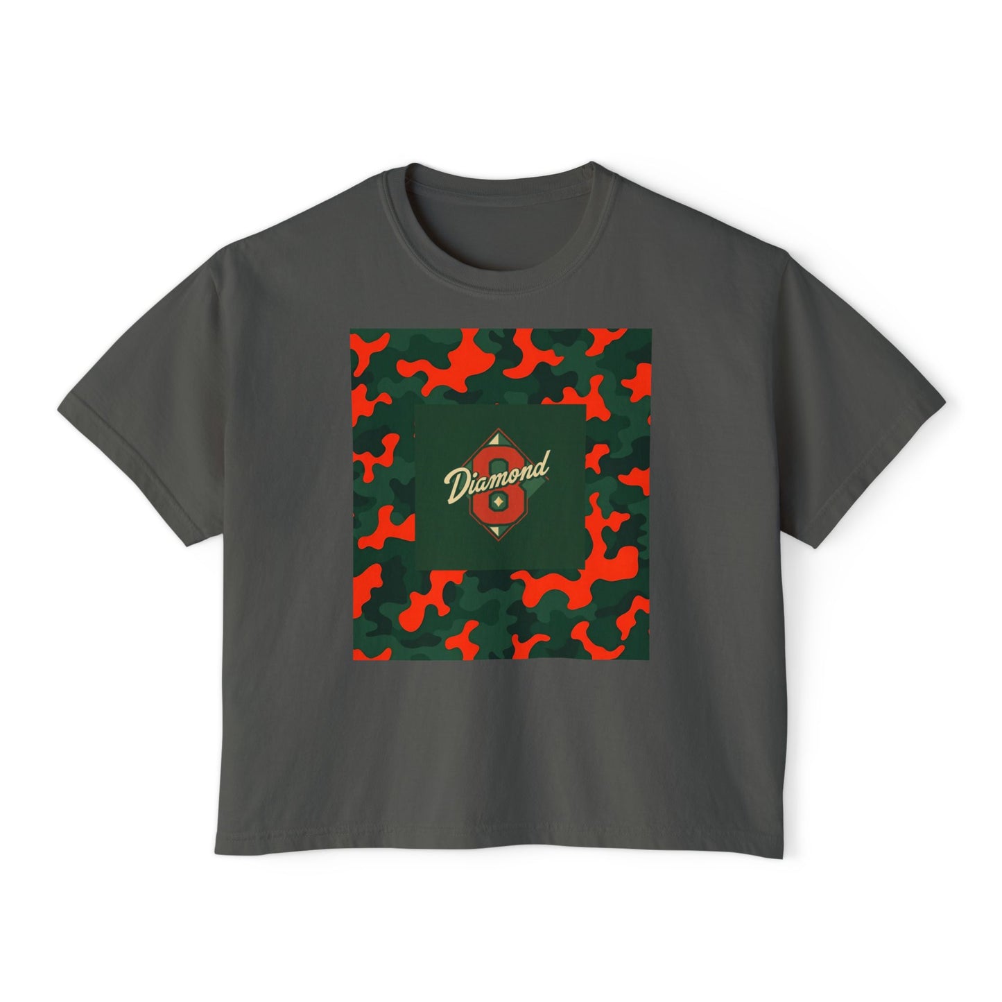 Stylish Women's Boxy Tee - Trendy Camo Print, Casual Summer Wear, Gift for Her, Streetwear Top - Green & Orange Camo Diamond 8