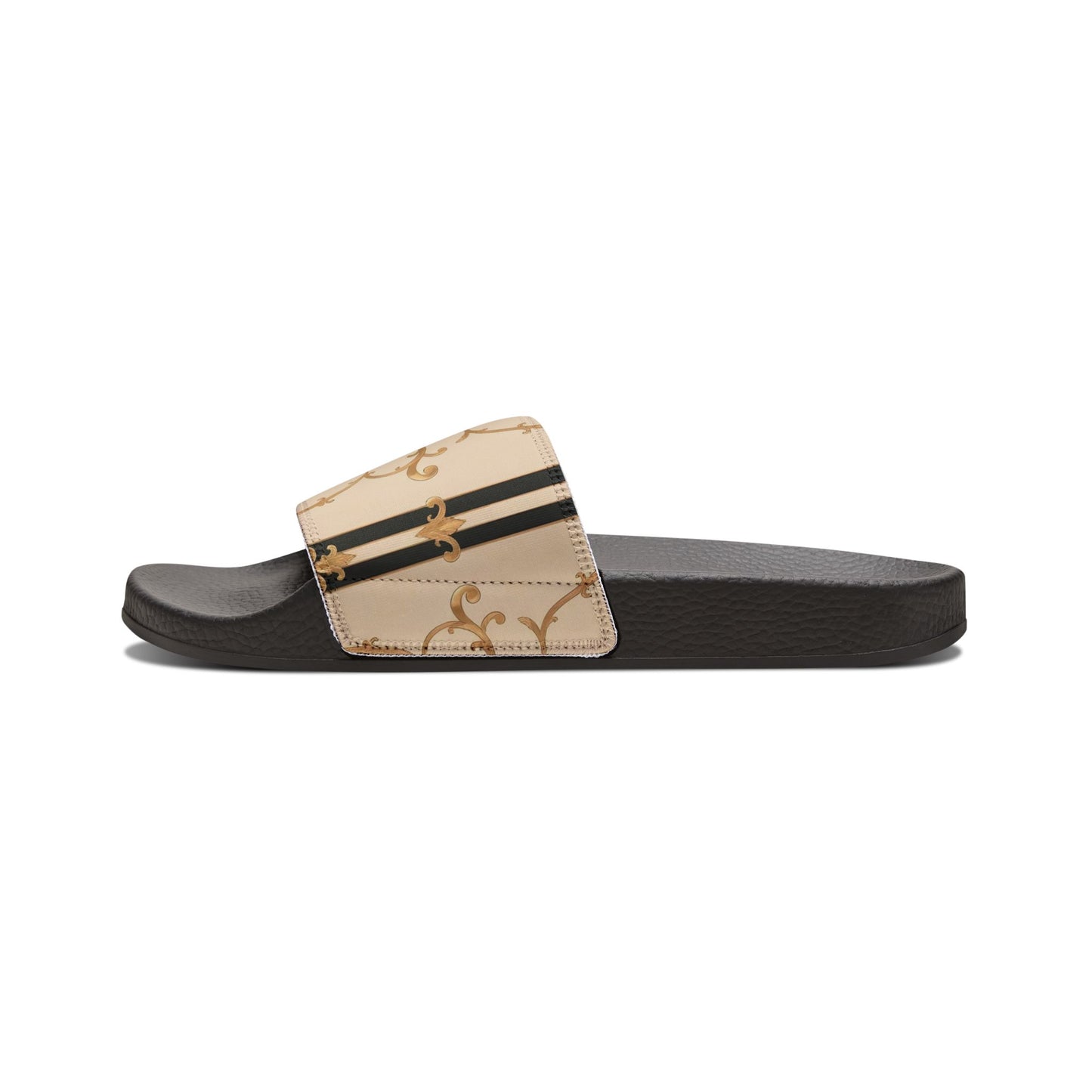 Chic Women's Sandals, Stylish Slip-On Footwear, Summer Essentials, Vacation Shoes, Trendy Outdoor Slides - Black & Beige Striped Damask