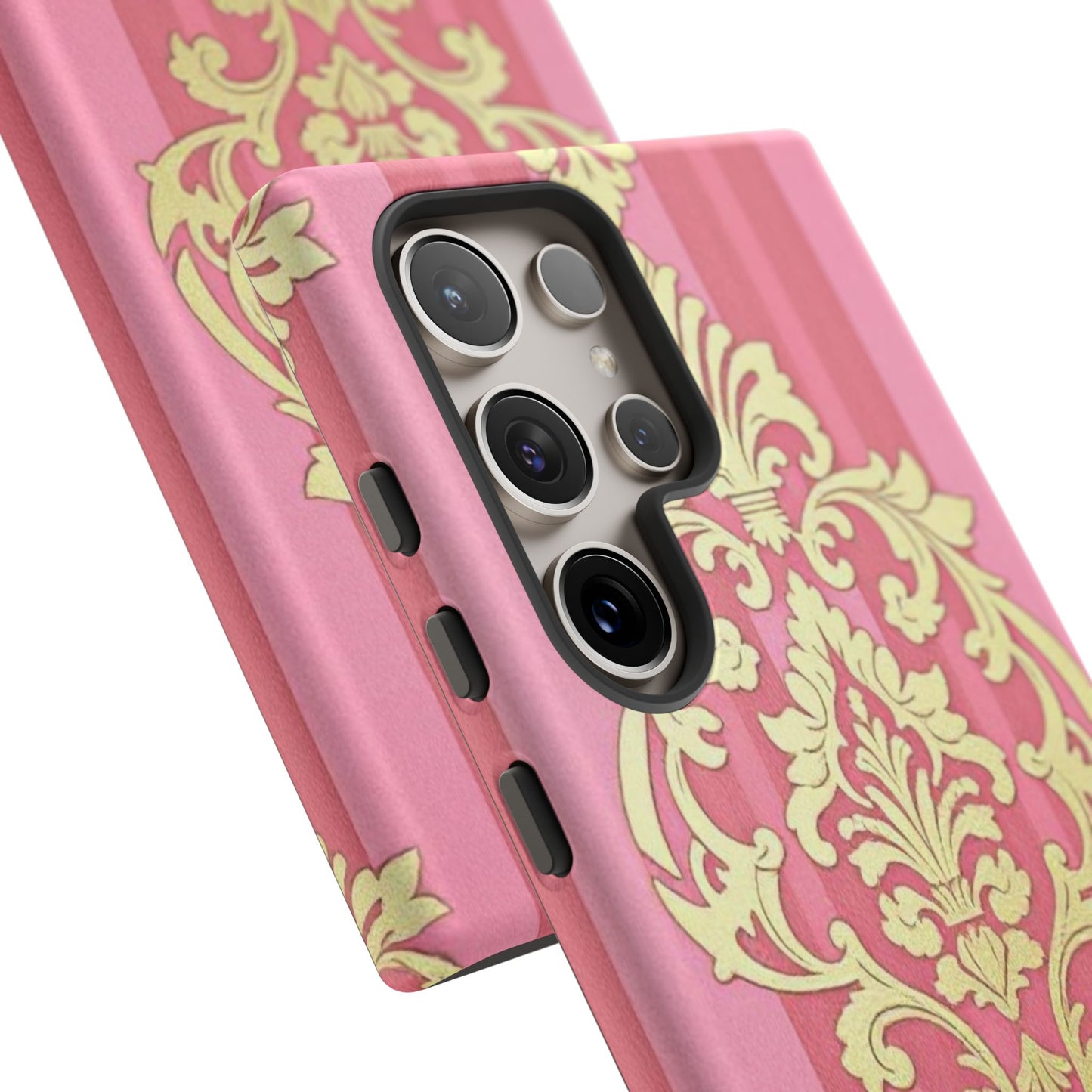 Elegant Floral Motif Phone Case - Tough Cases with Vintage Design - Pink Striped Damask
