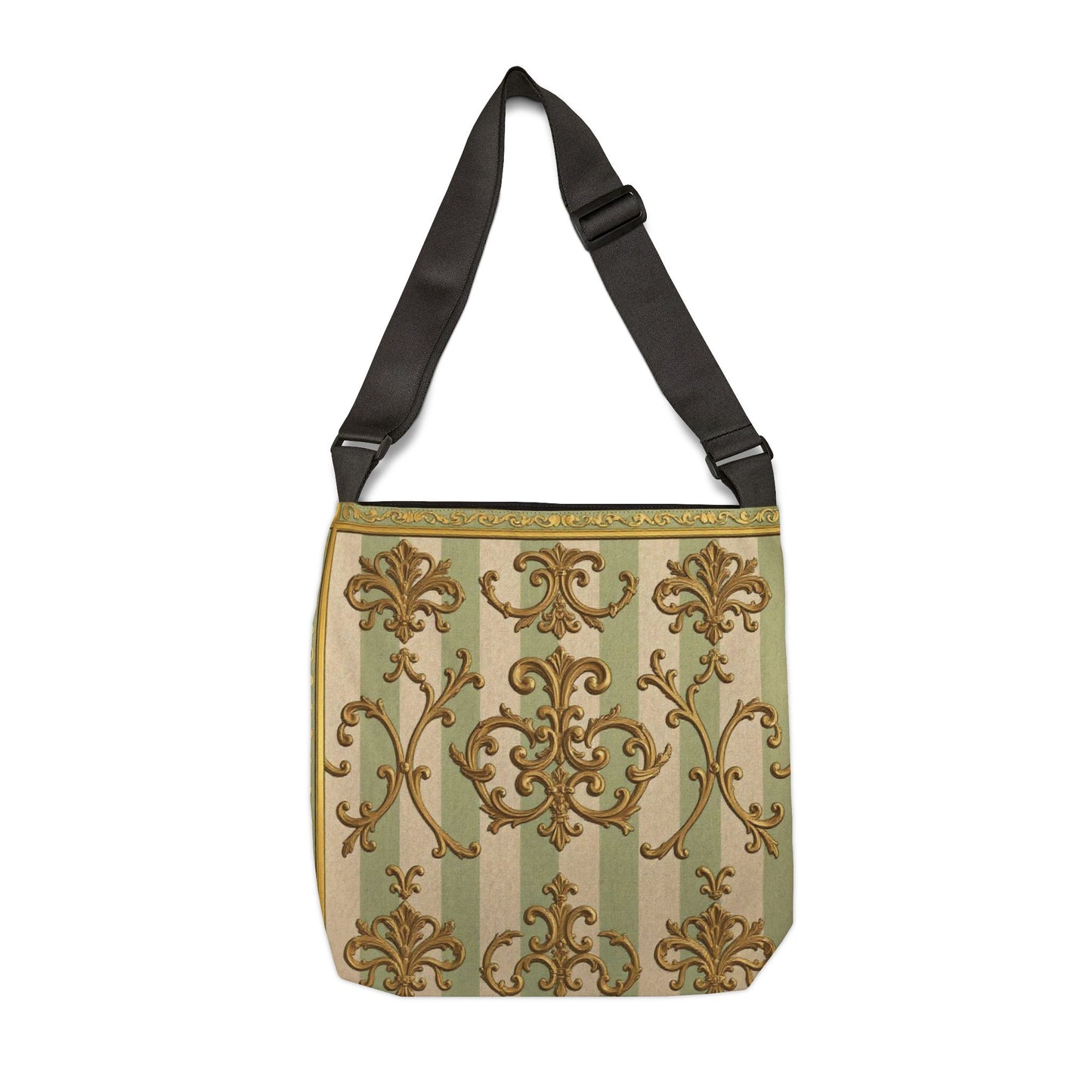 Elegant Adjustable Tote Bag, Stylish Crossbody Bag, Chic Everyday Tote, Versatile Travel Companion - Mint Green & Beige Striped Gold Baroque