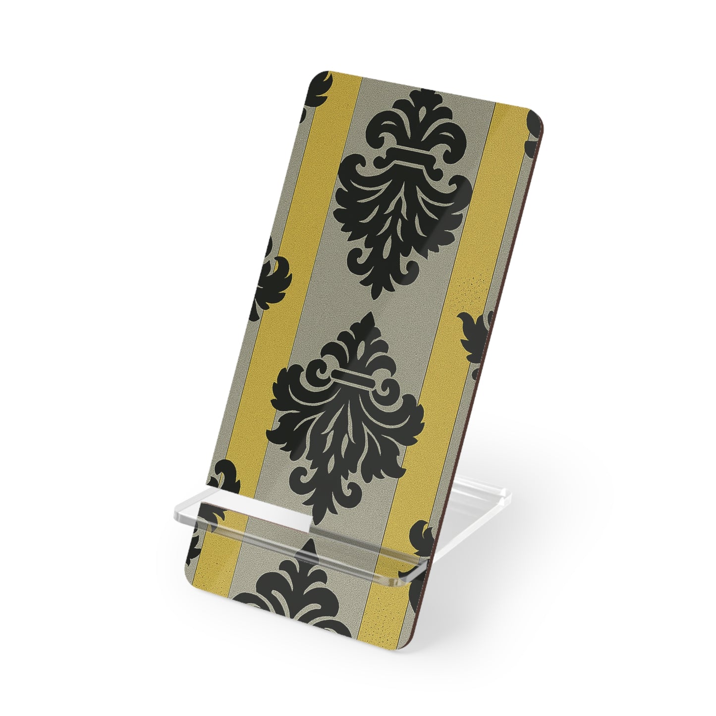 Elegant Mobile Display Stand – Stylish Smartphone Holder, Desk Organizer, Gift for Tech Lovers, Home Decor - Silver & Gold Striped Black Baroque