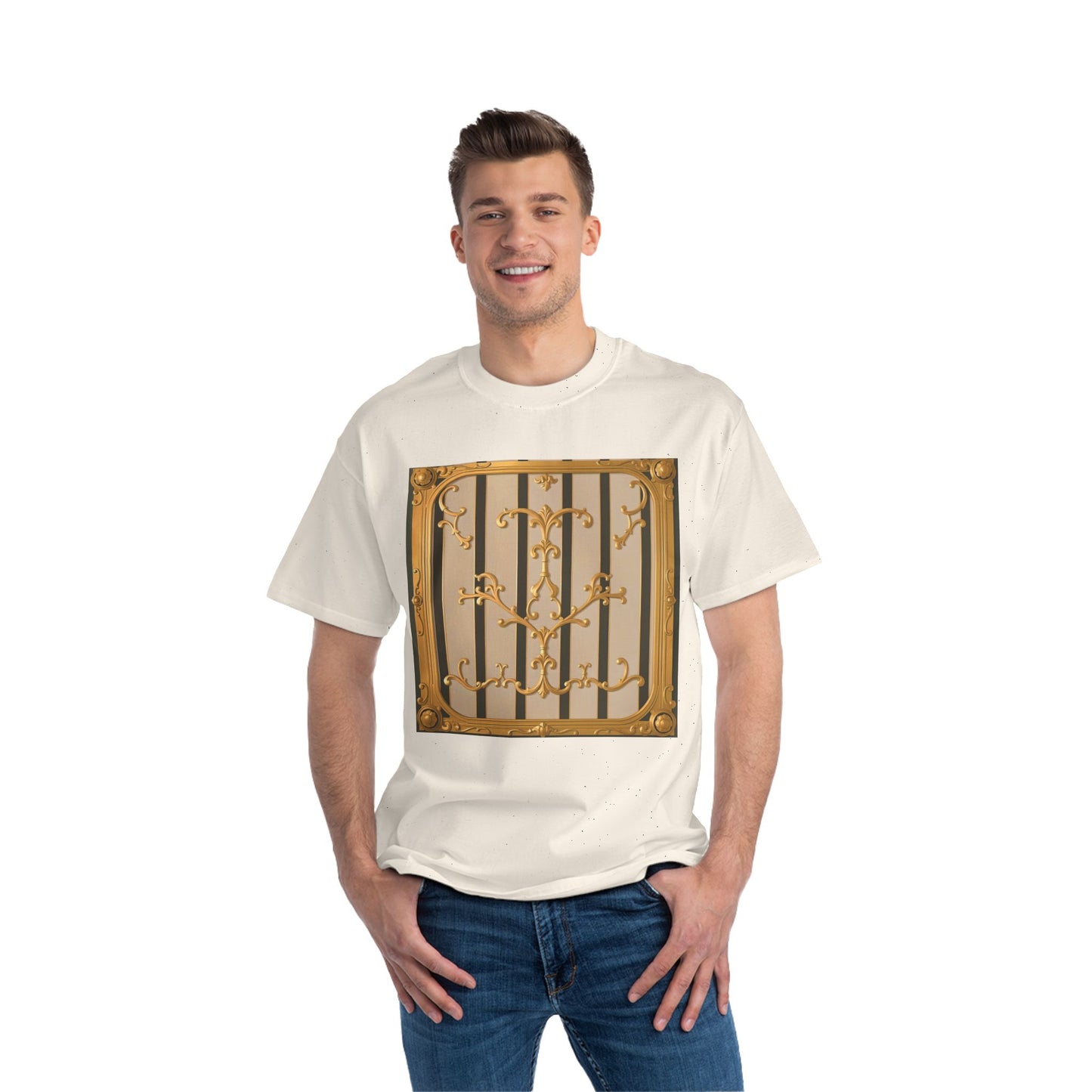 Beefy-T® Unisex Short-Sleeve T-Shirt - Beige Striped Gold Rococo