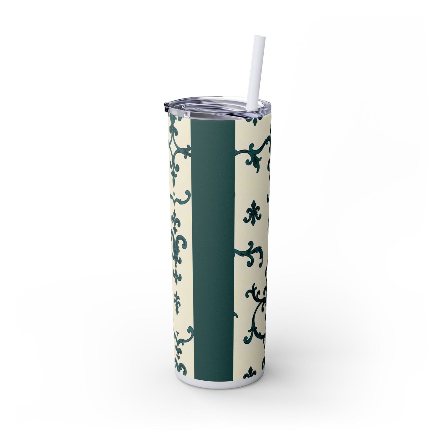 Elegant Floral Skinny Tumbler, 20oz - Stylish Travel Mug for Home, Coffee Lover Gift, Eco-Friendly Drinkware, Party Favor - Teal Striped Rococo