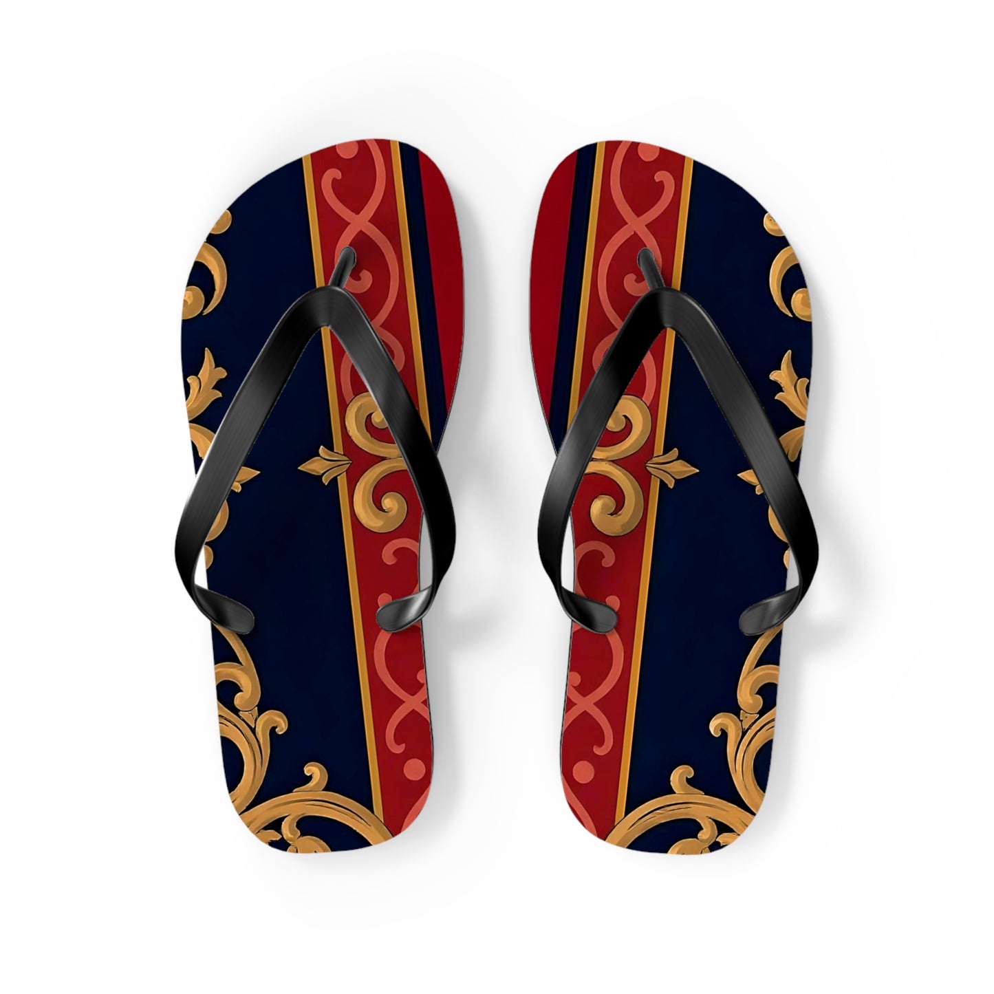Elegant Vintage Flip Flops, Stylish Summer Footwear, Beachwear Accessories, Vacation Essentials - Midnight Blue & Dusk Red Gold Baroque
