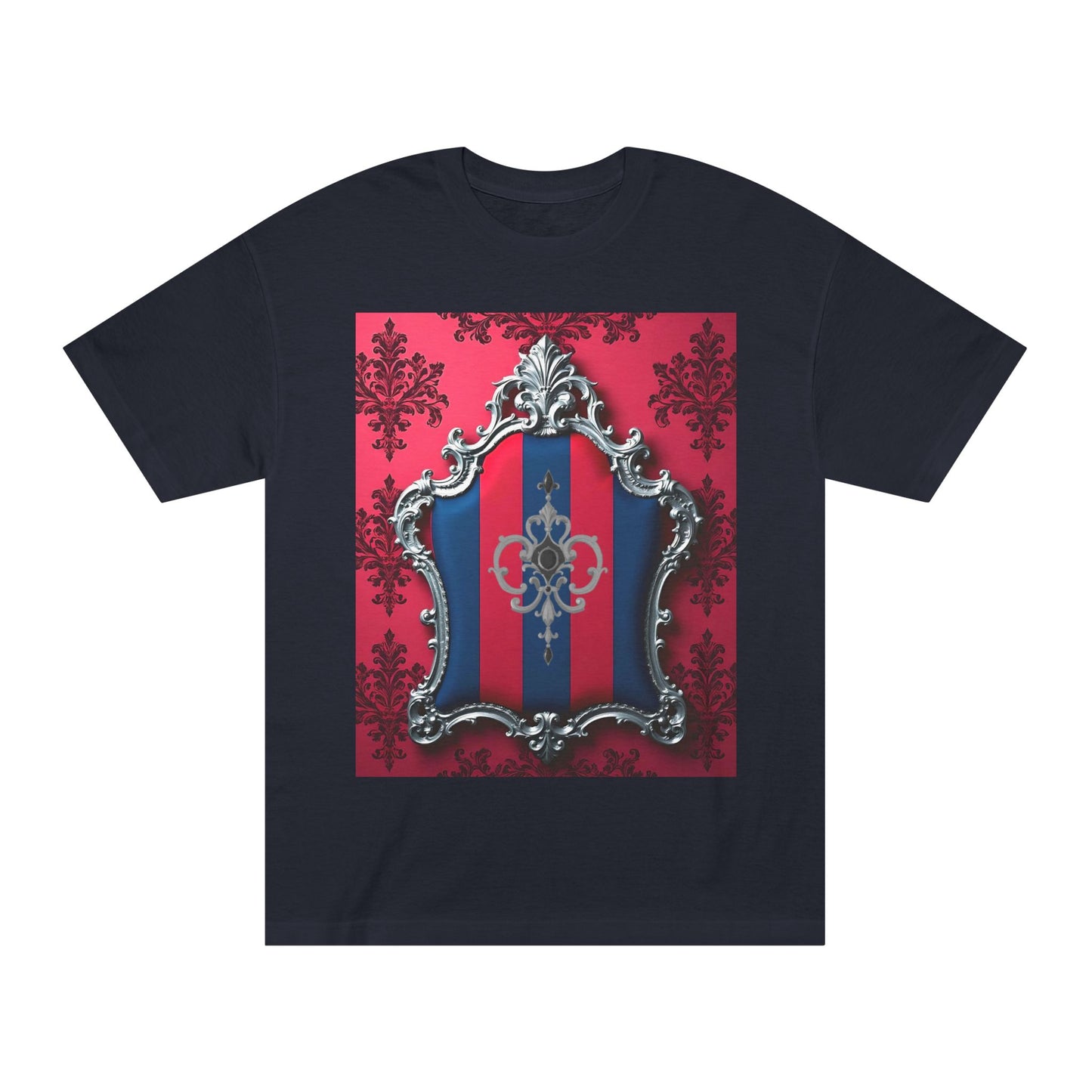 Vintage Couture Shield Unisex Classic Tee, Fashion T-Shirt, Gift for Fashion Lovers, Casual Wear, Unique Graphic Shirt - Blue & Red Striped Silver Crest