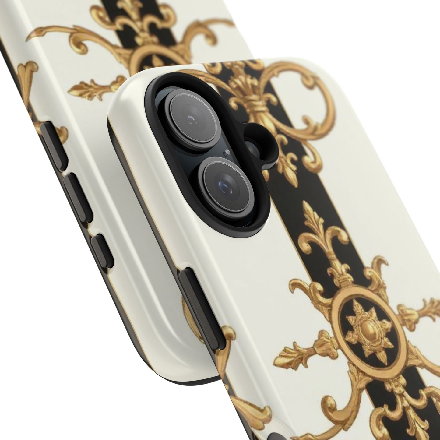 Elegant Baroque Tough Phone Case | Stylish Protection for Your Device, Gift for Her, Phone Accessories - Black & White Striped Gold Baroque