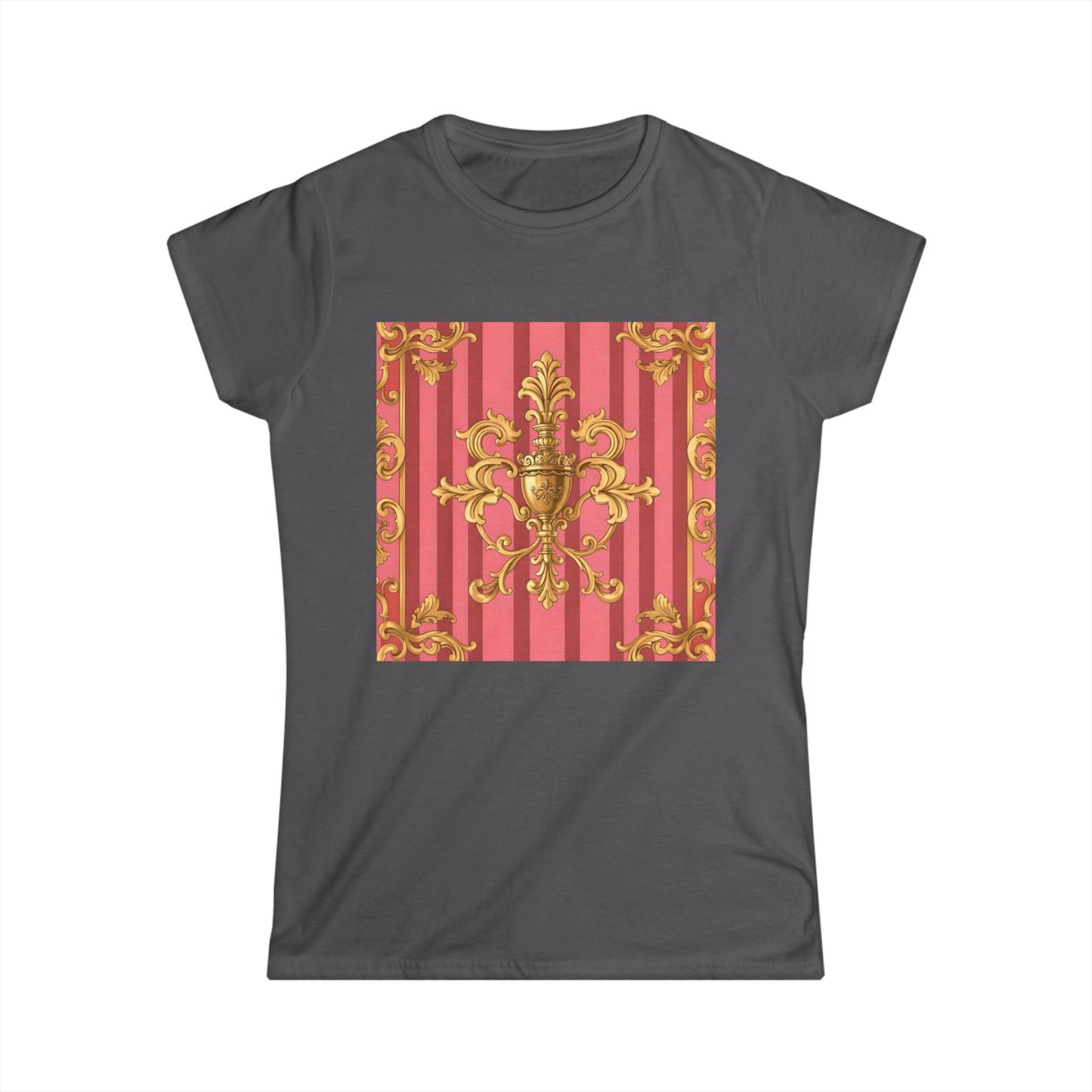 Chic Baroque Pattern Women's Softstyle Tee, Casual Summer Fashion, Gift for Her, Elegant Everyday Wear - Pink Striped Gold Baroque