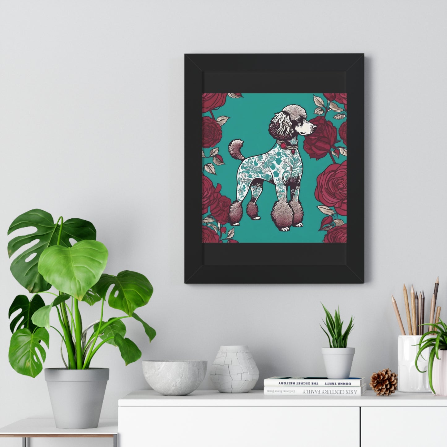 Vertical Poster - Stylish Framed - Art for Home Decor - Damask Aqua & White Poodle With Burgundy Roses