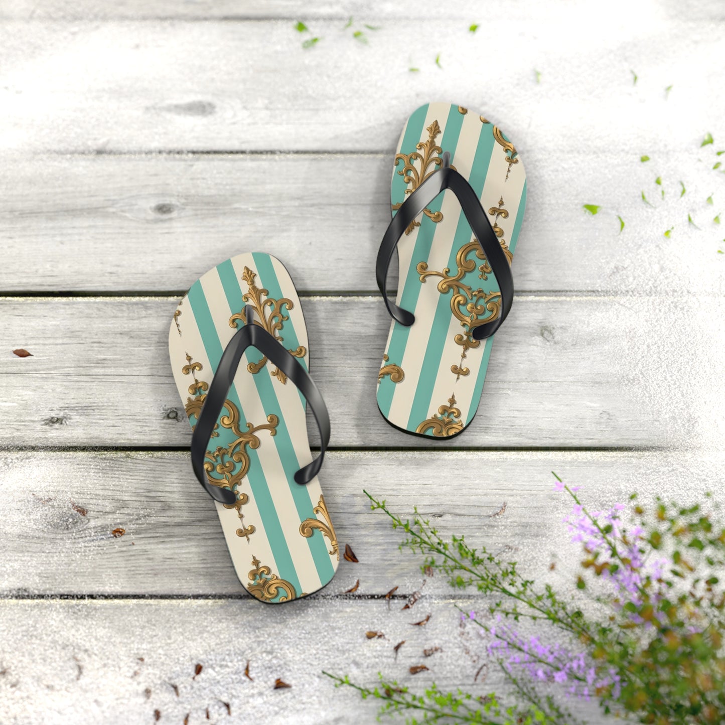 Chic Floral Flip Flops - Summer Sandals, Beach Footwear, Vacation Ready, Boho Style, Gift for Her - Matte Green Striped Rococo