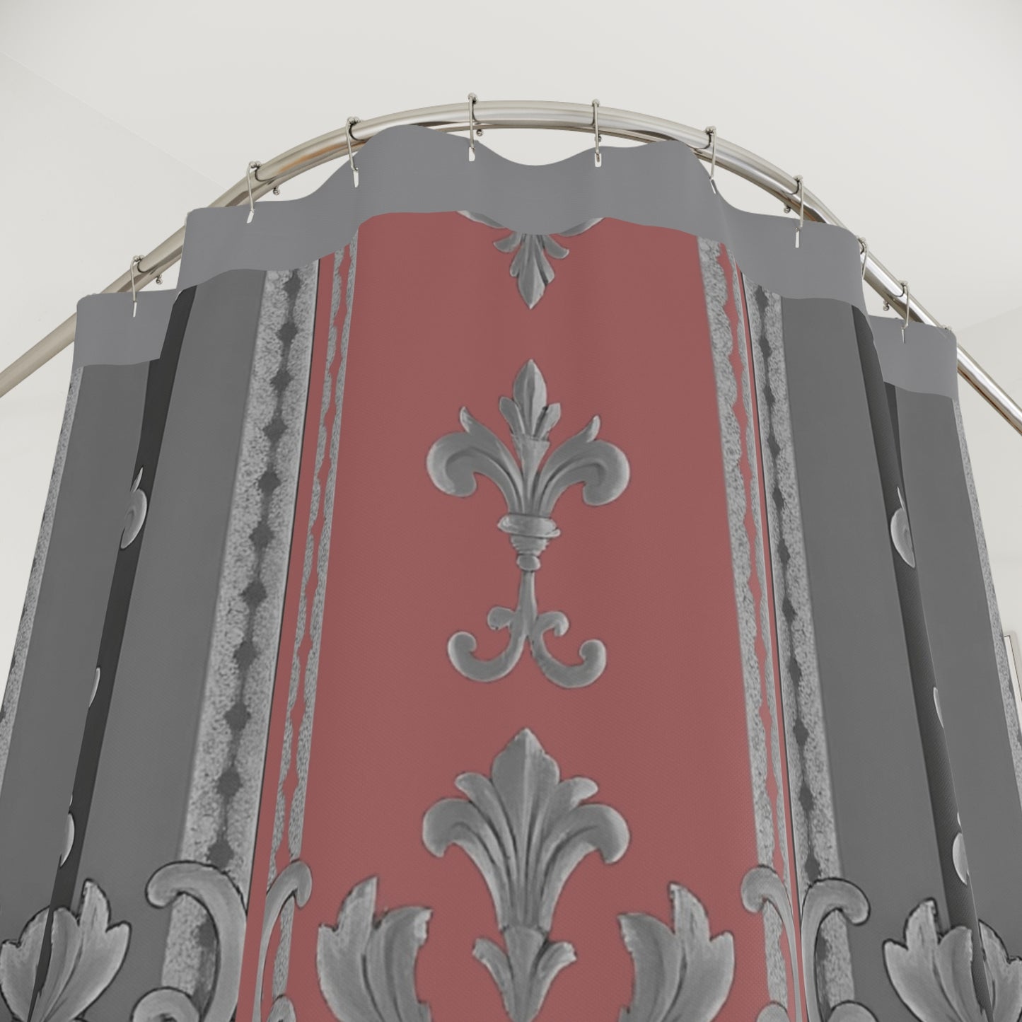 Elegant Vintage Shower Curtain with Floral Design - Gray & Mauve Striped Baroque