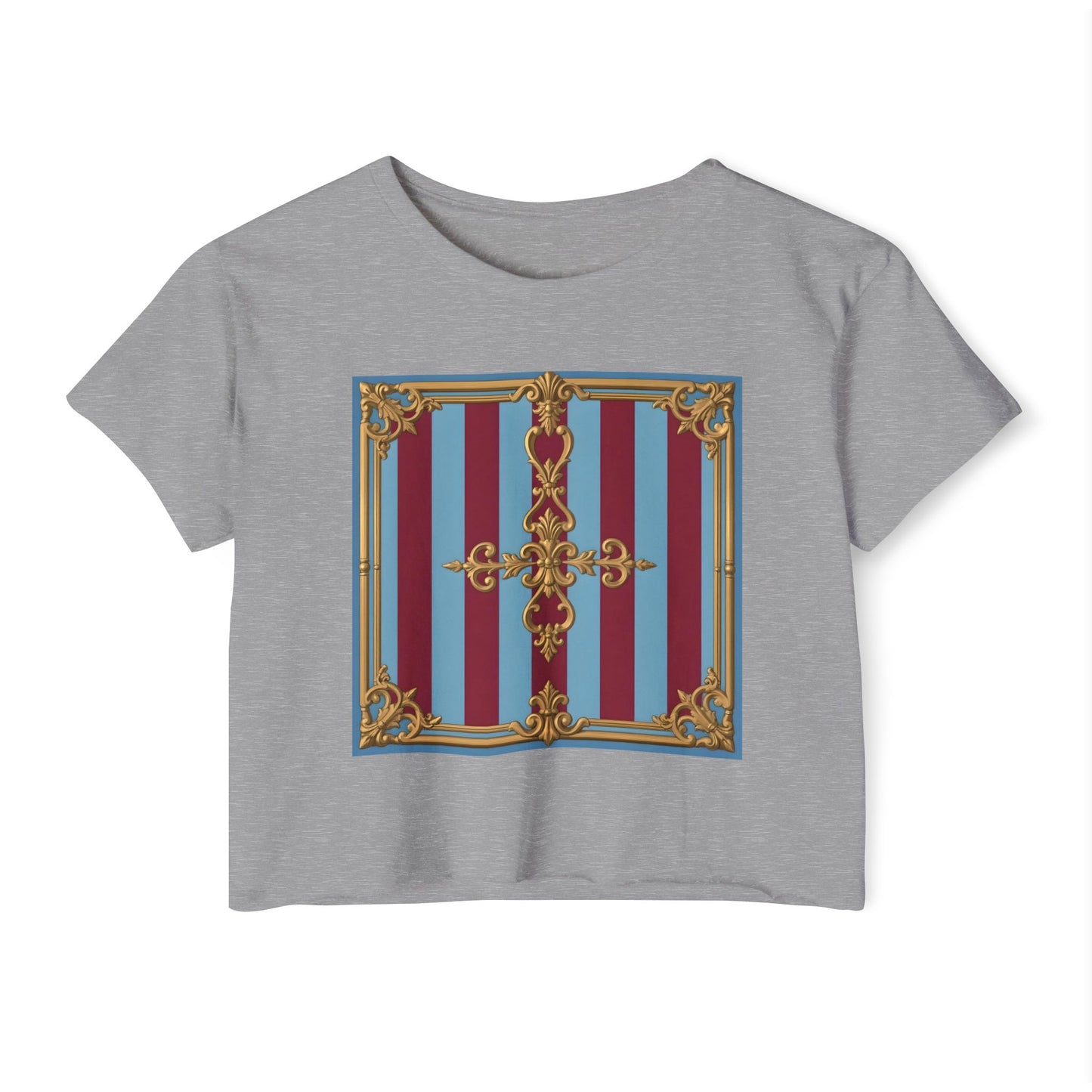 Women's Baroque Festival Crop Top, Summer Crop Tee, Casual Festival Wear, Concert Top, Eco-Friendly Fashion - Sky Blue & Maroon Striped Baroque