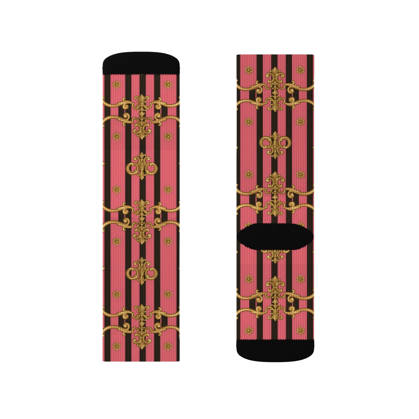 Chic Patterned Sublimation Socks, Fashion Socks, Unique Gift for Her, Trendy Accessories, Cozy Casual Wear - Pink & Black Striped Gold Baroque