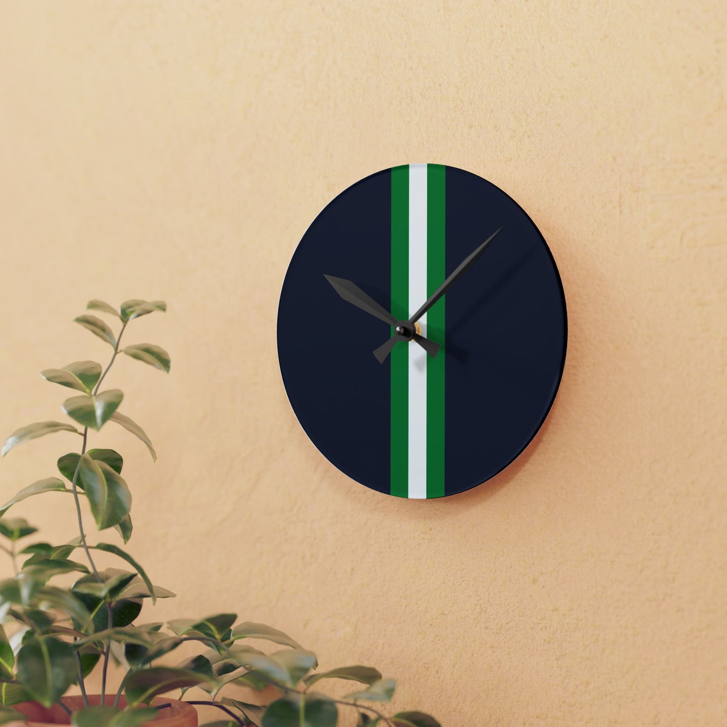 Lunar Midnight & Green-White Striped Modern Acrylic Wall Clock with Minimalist Design, Home Decor, Office Wall Art, Gifts for Him/Her