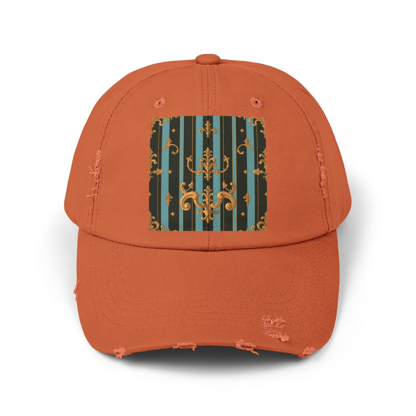 Vintage-Inspired Unisex Distressed Cap with Elegant Stripes and Ornate Design, Casual Hat for Fashion Lovers - Black & Turquoise Striped Baroque