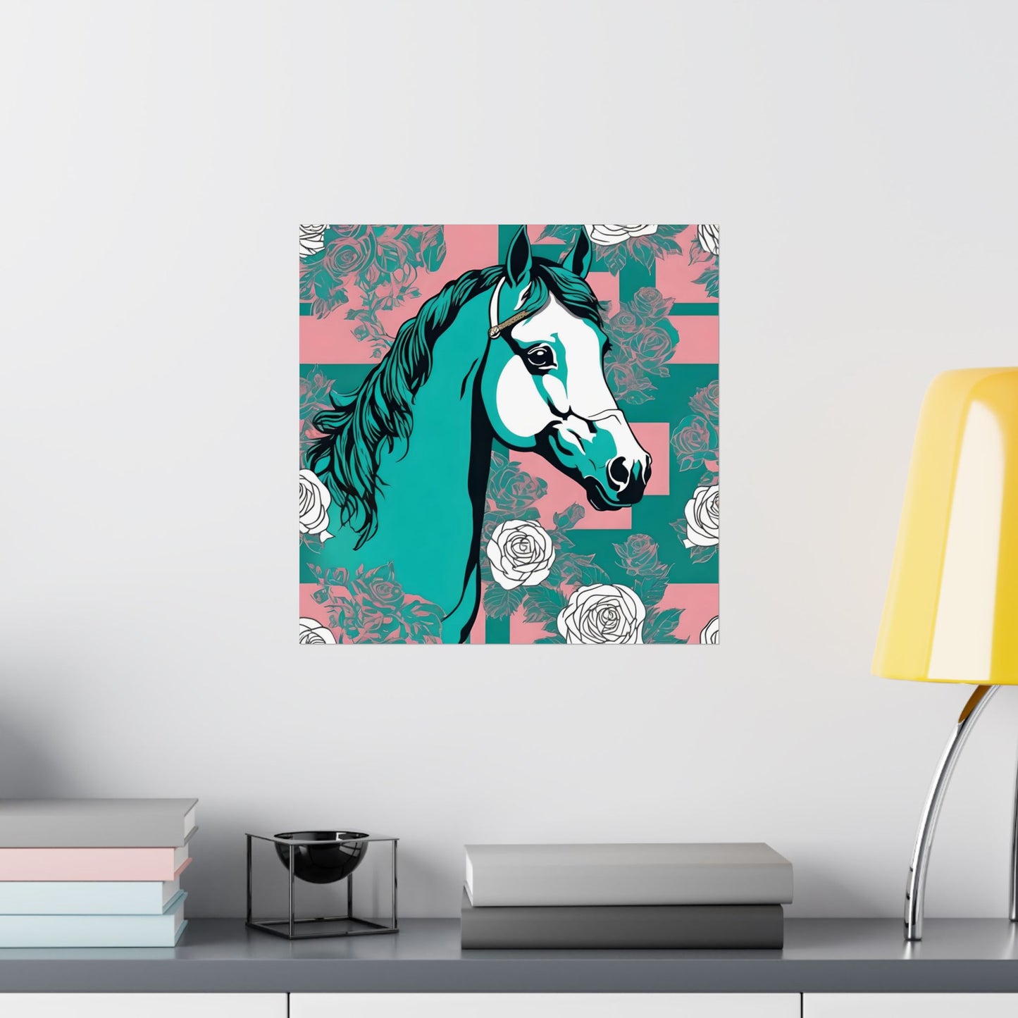 Floral Motif Art Poster - Elegant Matte Vertical Wall Decor - Teal & White Horse