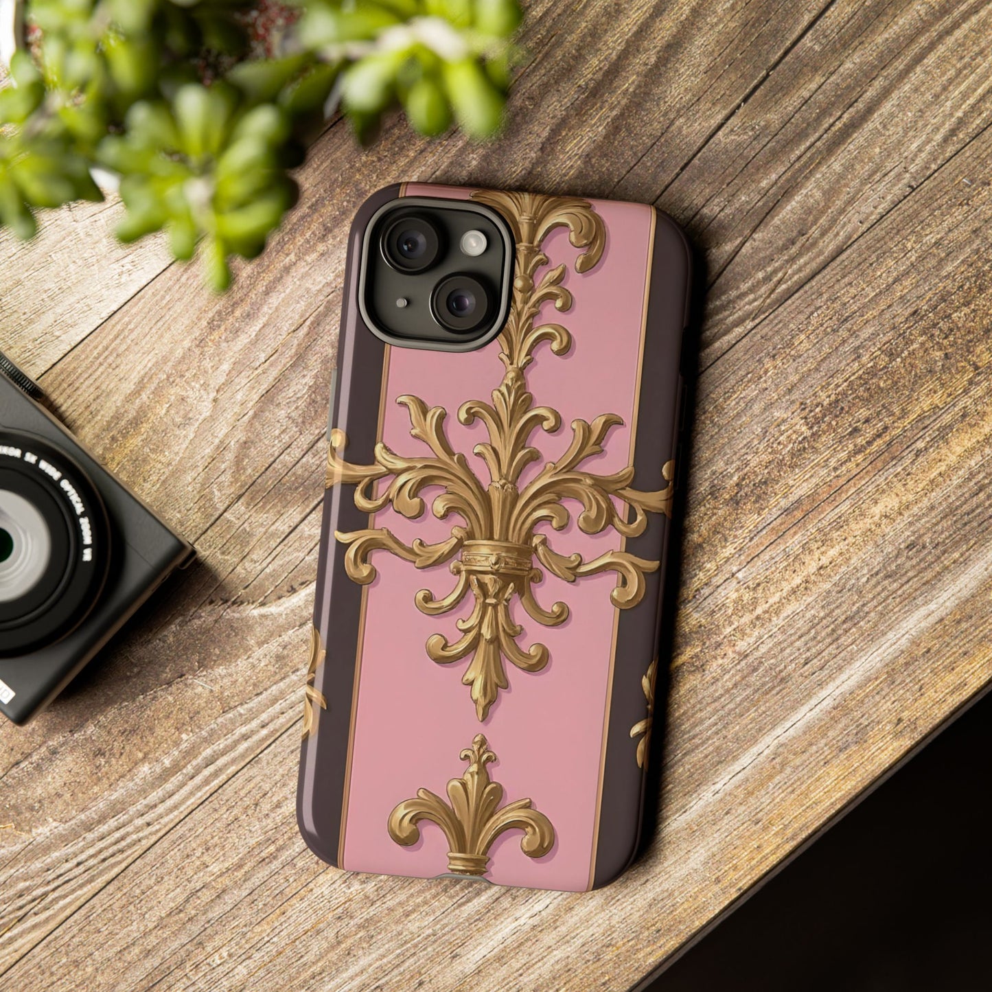 Elegant Floral Motif Phone Case - Tough Cases with Vintage Design - Pink & Brown Striped Gold Damask