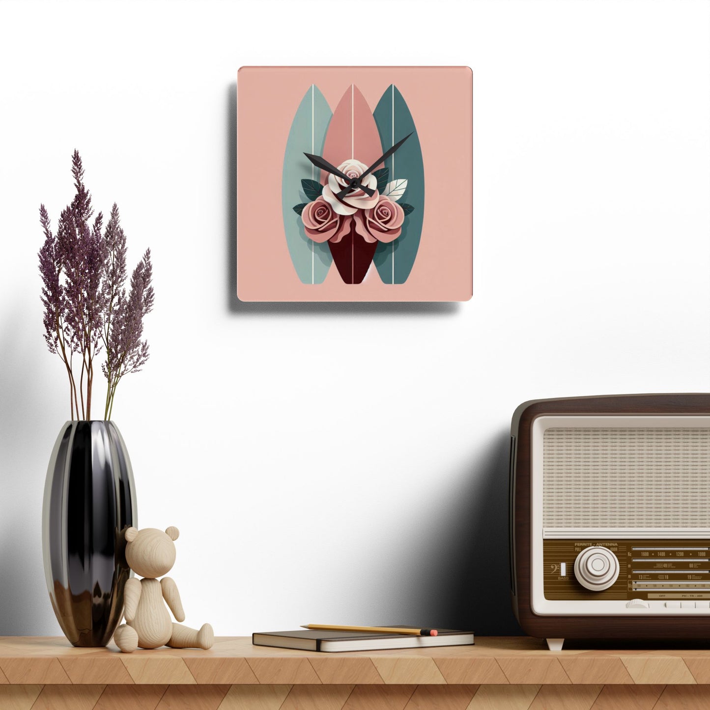 Bohemian Surf-Inspired Acrylic Wall Clock with Floral Design - Burgundy, Matte Mauve & Teal Surfboard & Roses Design