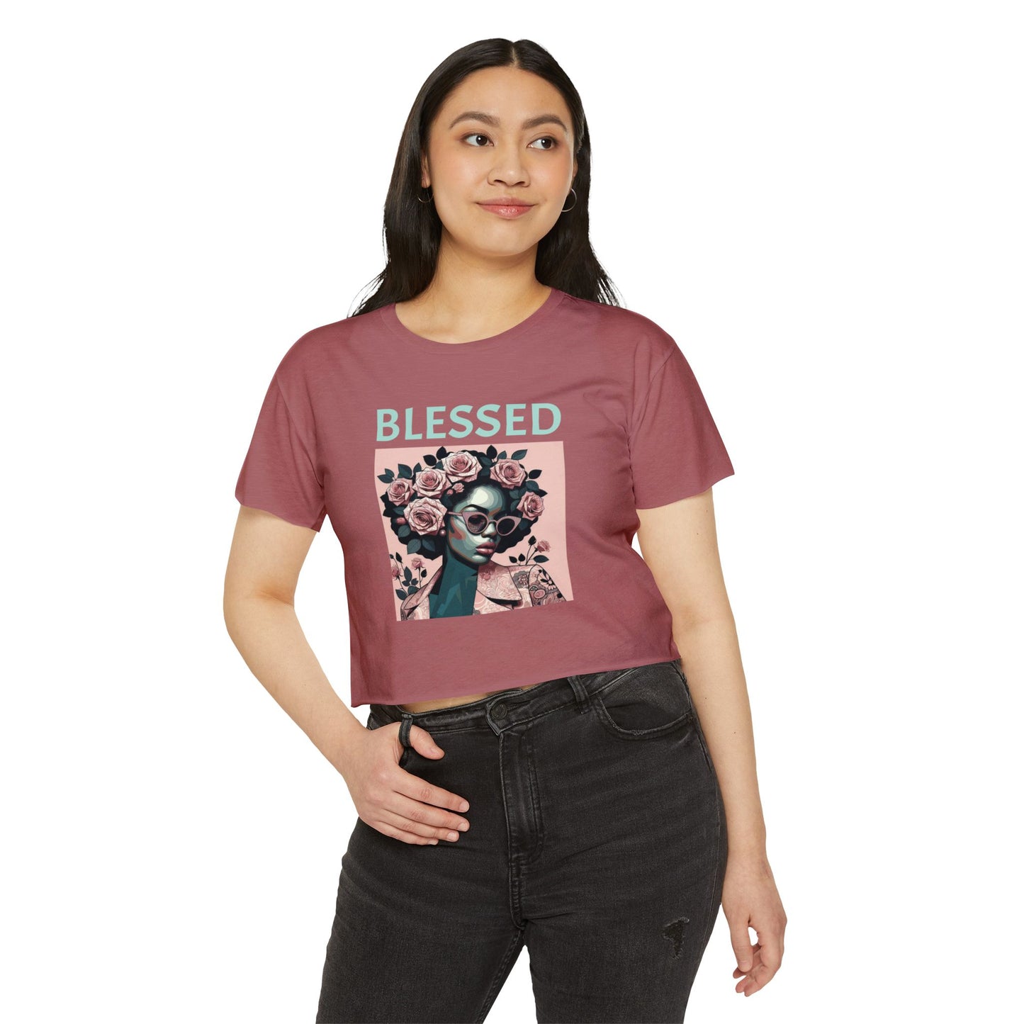 Women's Festival Crop Top - Blessed Graphic Tee, Boho Style Shirt, Summer Outfit, Gift for Her, Festival Wear, Trendy Casual Top - Mint Lettering