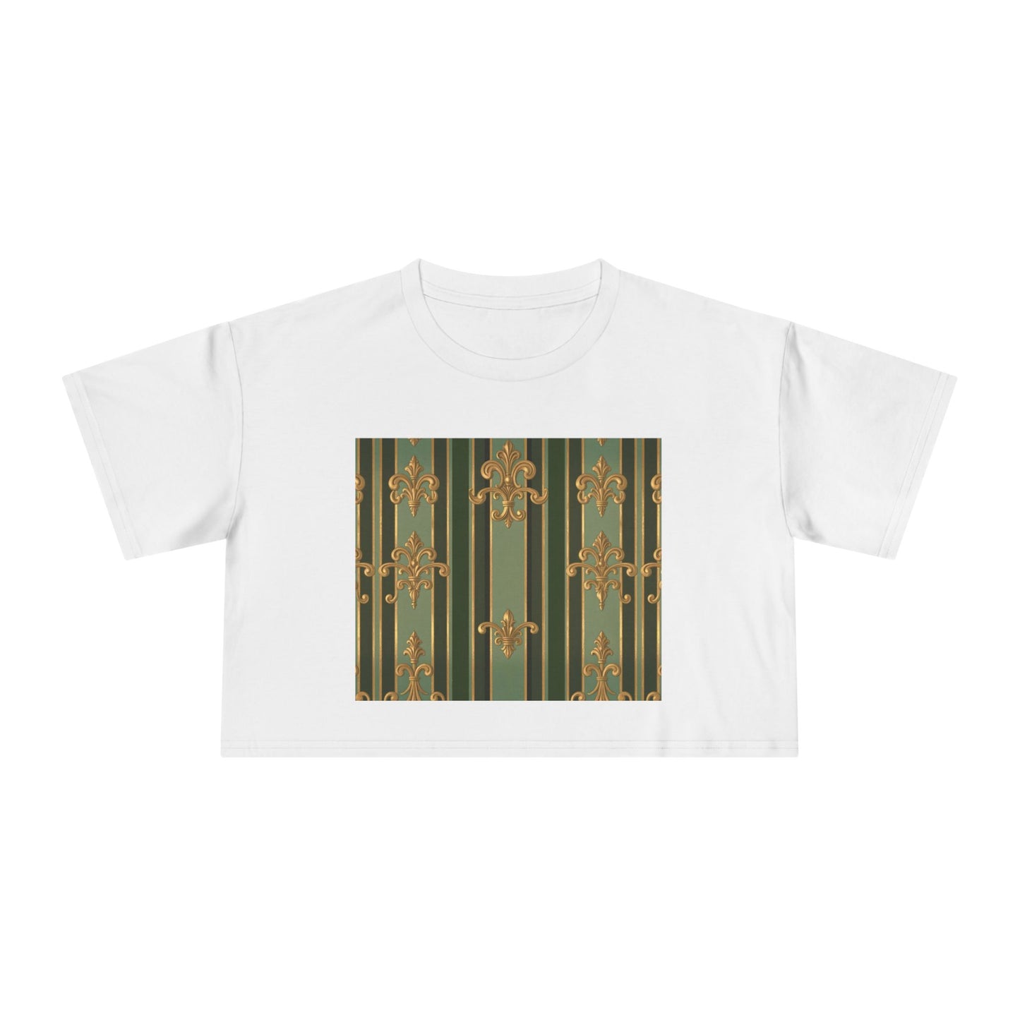 Chic Baroque Women's Crop Tee, Trendy Summer Top, Casual Outing Shirt, Stylish Layering Piece, Gift for Her - Green Striped Gold Baroque