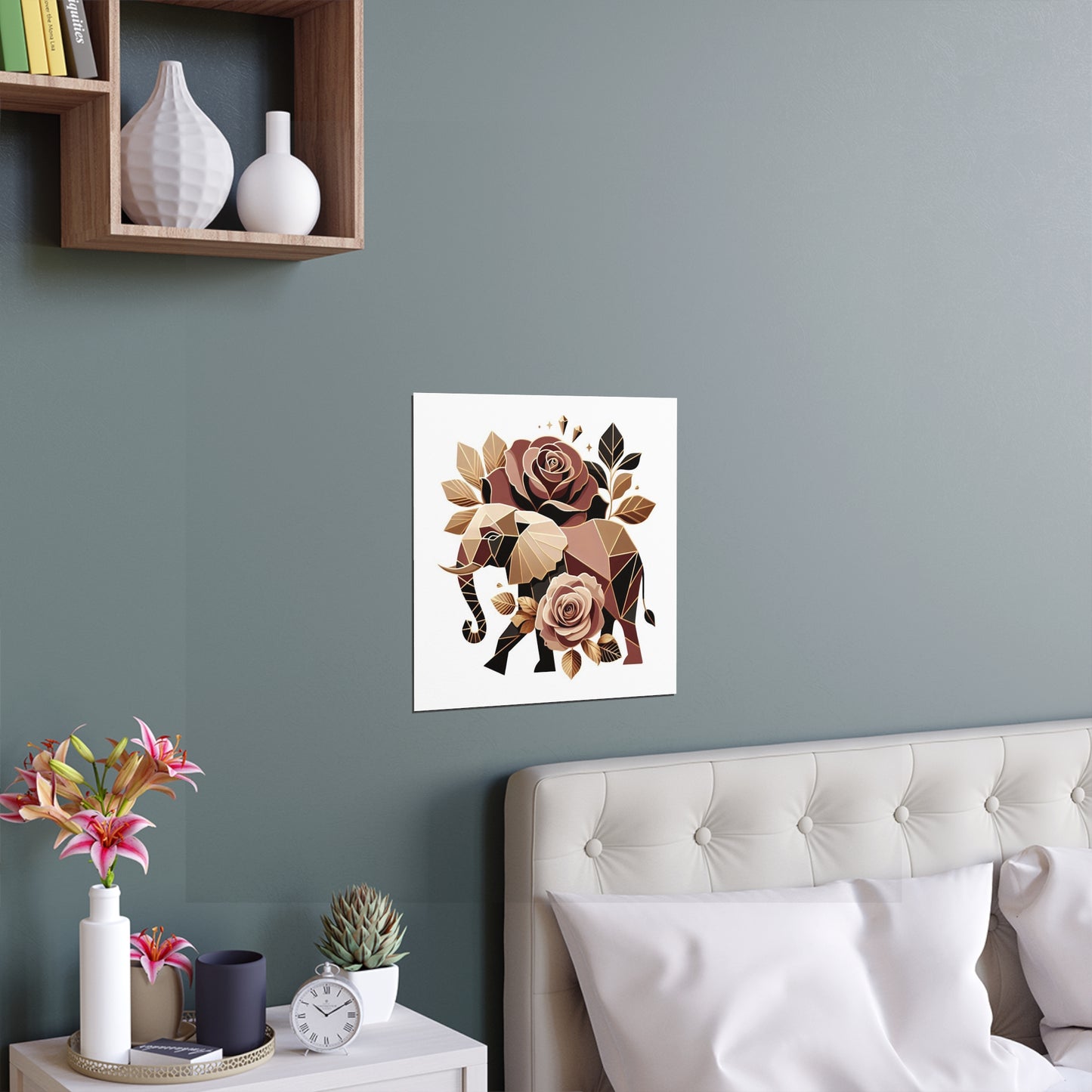 Elegant Floral Silk Poster - Indoor/Outdoor Wall Art for Home Decor - Brown & Gold Elephant & Roses